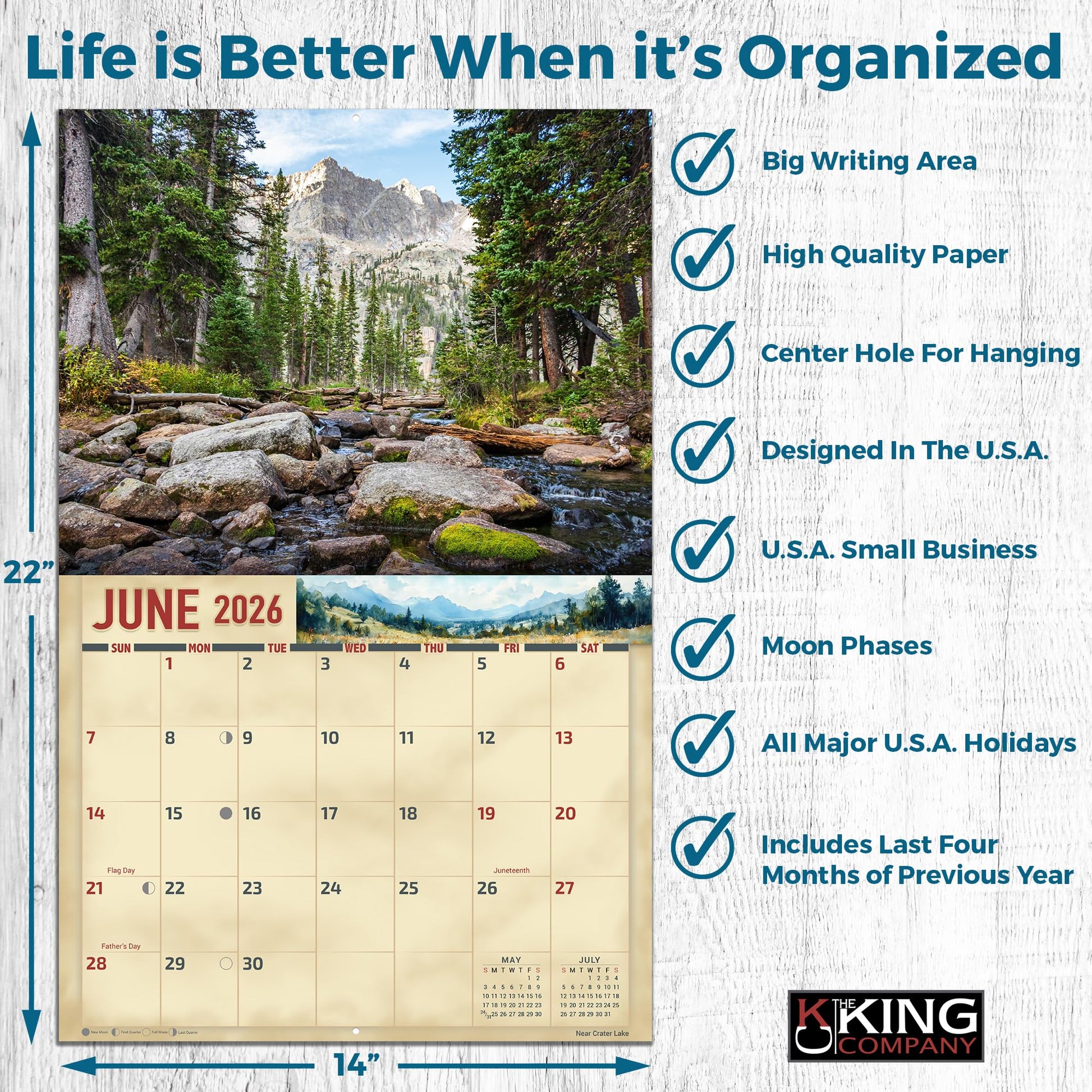 2026 Colorado Scenic Wall Calendar 16-Month X-Large Size 14x22, Majestic Mountains, Alpine Lakes, by The KING Company-Monster Calendars - Medaid International