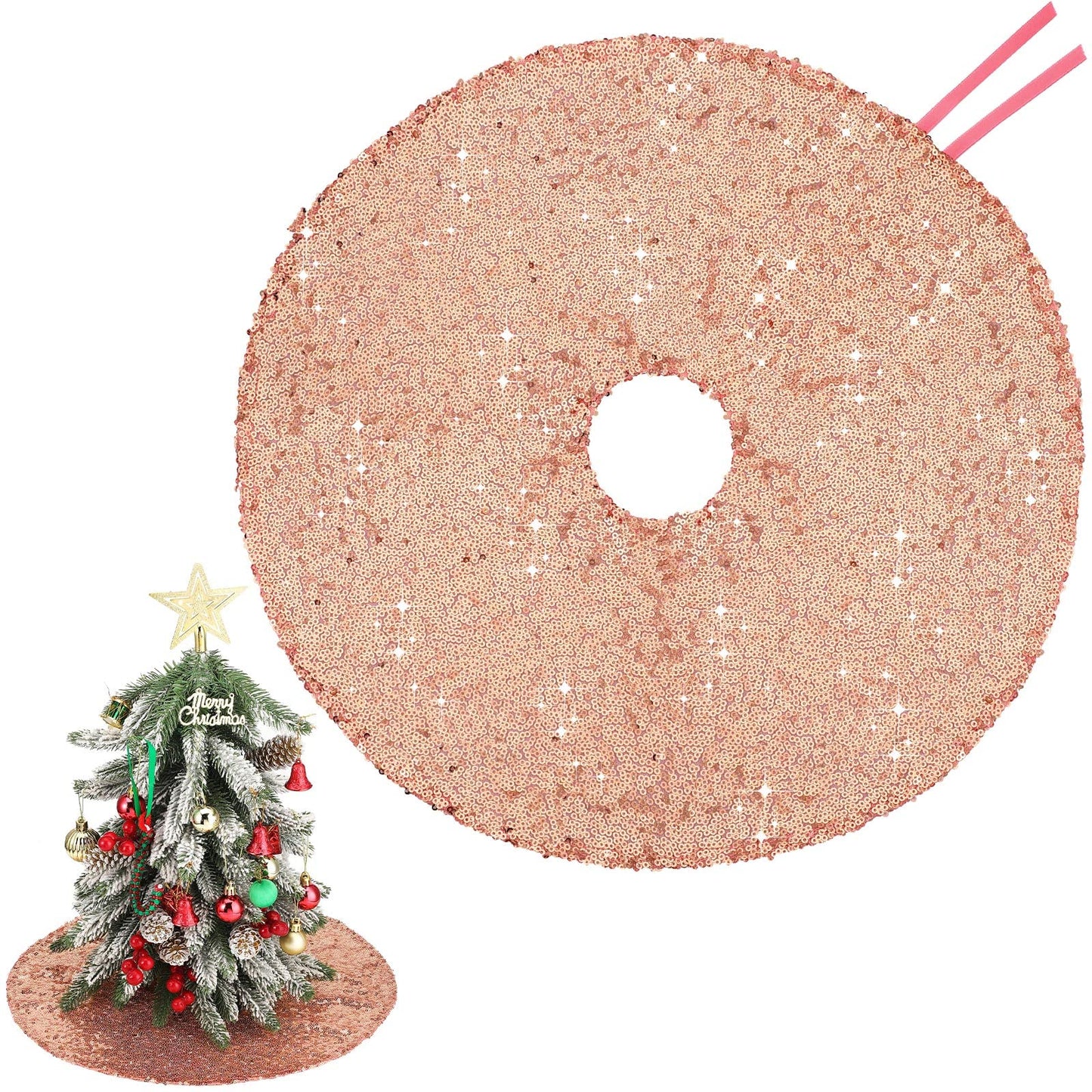 Rose Gold 15 Inch Mini Christmas Tree Skirt - Sequin, Slim, Small Tree Decoration for Hotel Holiday Bar - Medaid International