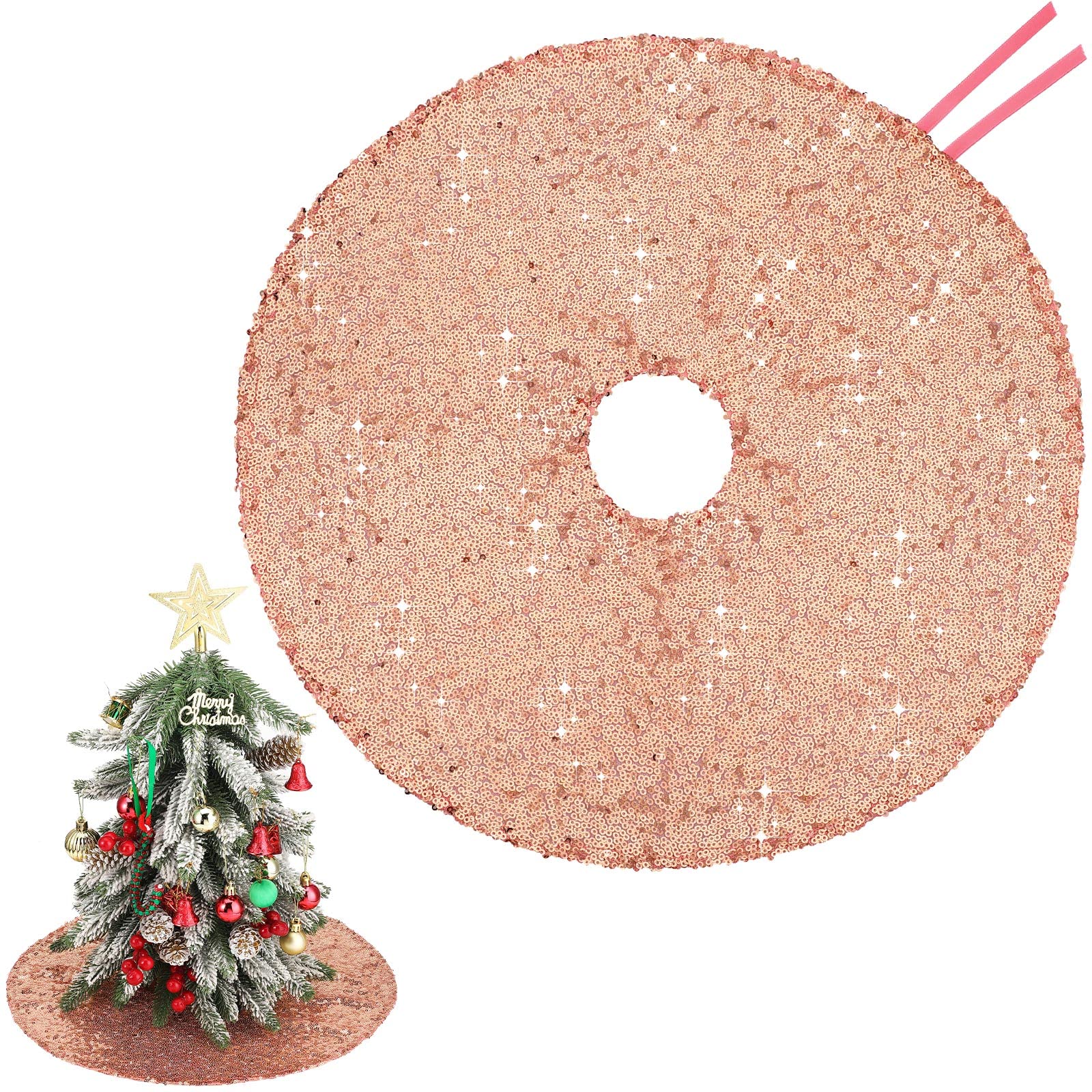 Rose Gold 15 Inch Mini Christmas Tree Skirt - Sequin, Slim, Small Tree Decoration for Hotel Holiday Bar - Medaid International