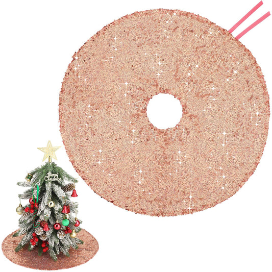 Rose Gold 15 Inch Mini Christmas Tree Skirt - Sequin, Slim, Small Tree Decoration for Hotel Holiday Bar - Medaid International