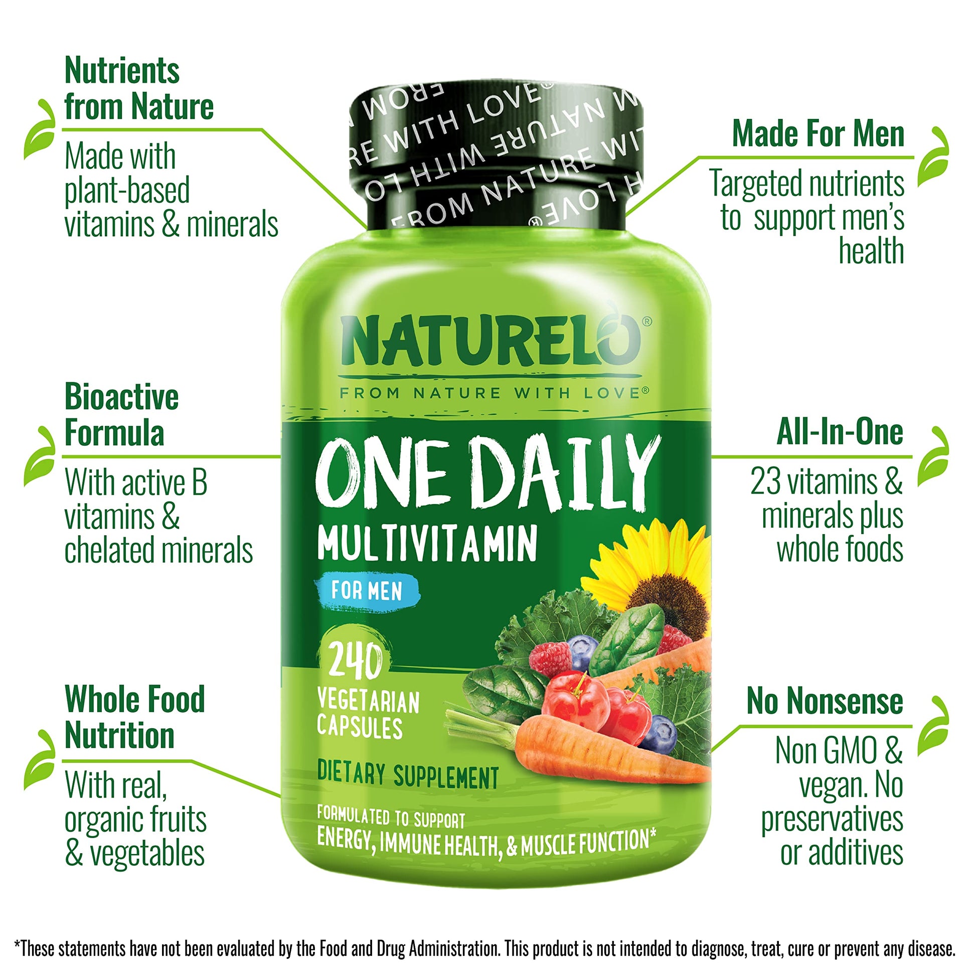 NATURELO Mens Multivitamins - One Daily Multivitamin for Men with Vitamins, Minerals & Organic Whole Foods, Boost Energy & Health, Non-GMO, 240 Vegetarian Capsules - Medaid International