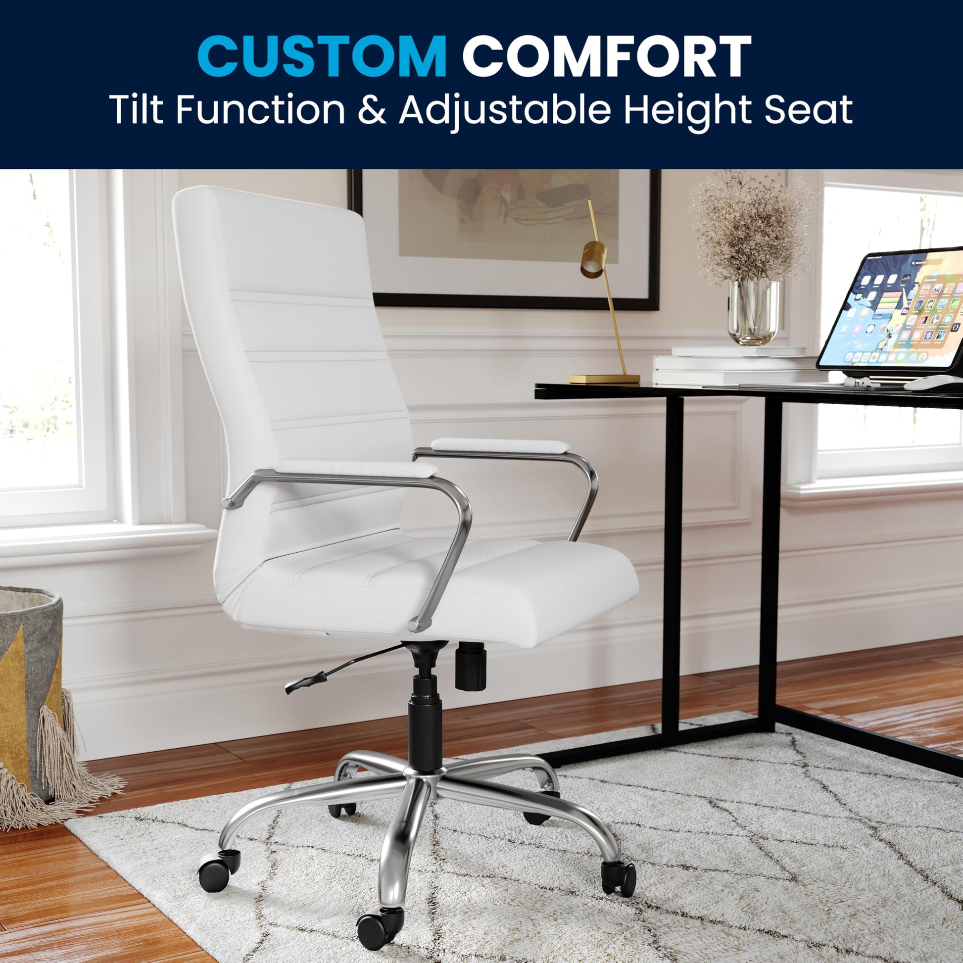 Flash Furniture Whitney High-Back Swivel LeatherSoft Desk Chair with Padded Seat and Armrests, Adjustable Height Padded Office Chair, White/Chrome - Medaid International