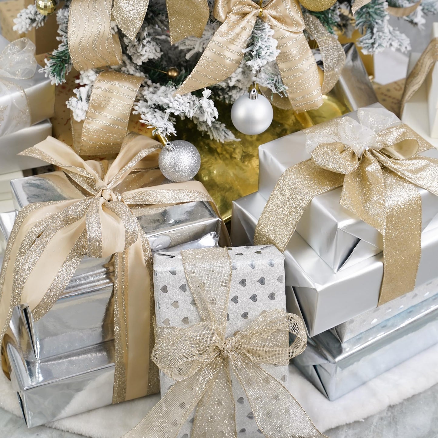 HUIHUANG Champagne Christmas Ribbon Wired Gold Christmas Tree Ribbon 6 Rolls Glitter Wired Edge Ribbons for X-mas Tree, Gift Wrapping, Wreath, Garland, Home Decor (2.5" Wide, 36 Yds Total) - Medaid International