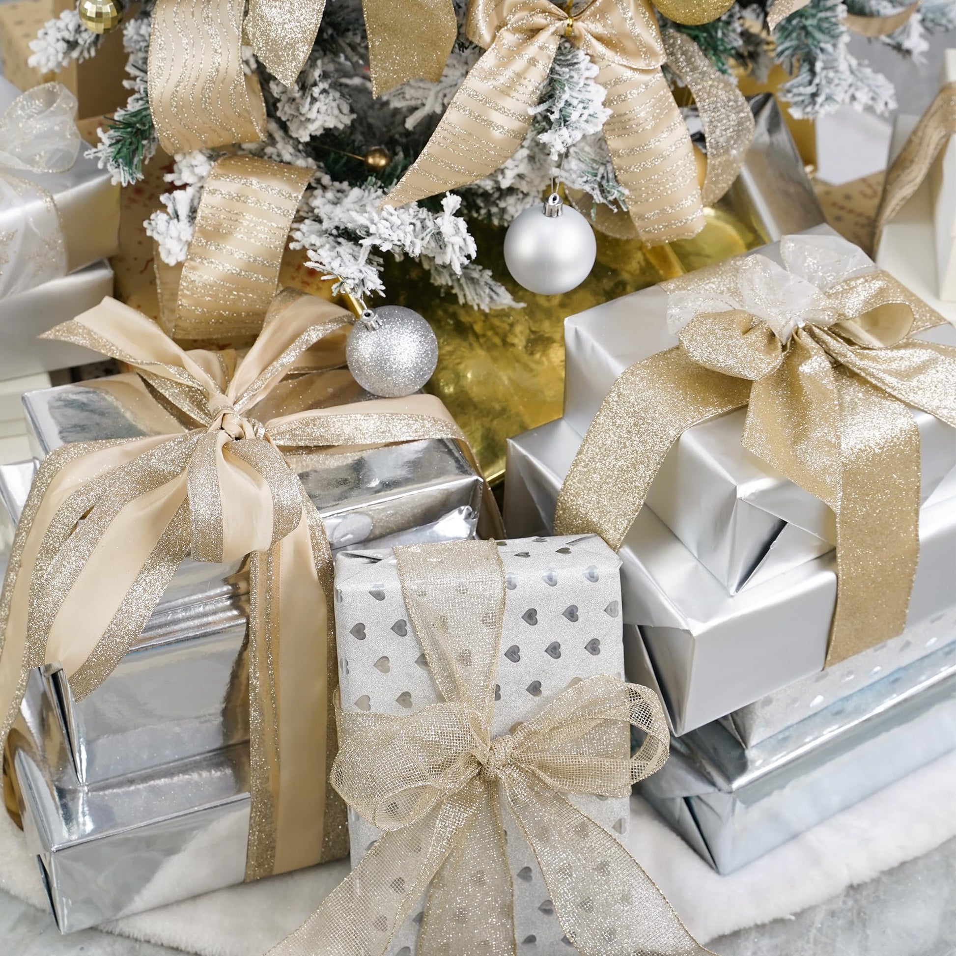 HUIHUANG Champagne Christmas Ribbon Wired Gold Christmas Tree Ribbon 6 Rolls Glitter Wired Edge Ribbons for X-mas Tree, Gift Wrapping, Wreath, Garland, Home Decor (2.5" Wide, 36 Yds Total) - Medaid International