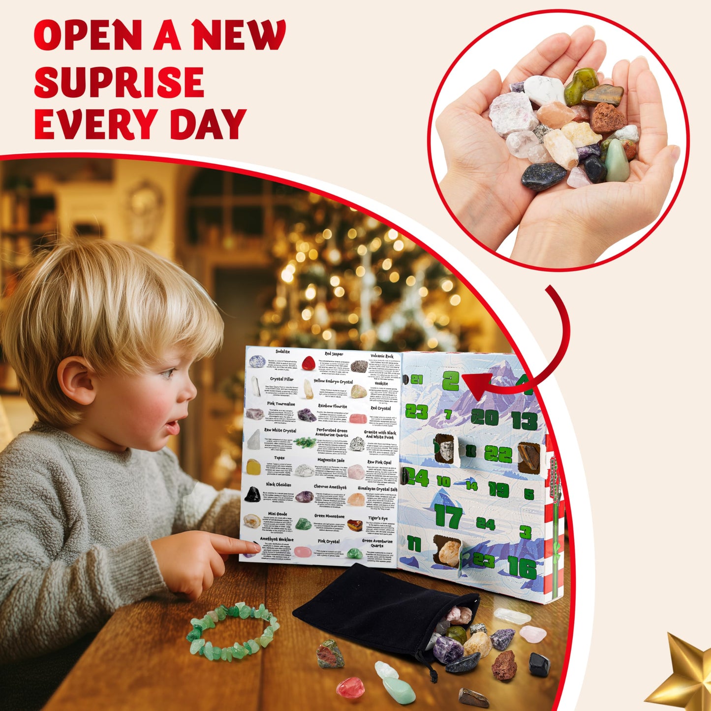 JOYIN 2025 Christmas Advent Calendar Gemstones, 24 Days Christmas Countdown Calendar, Rock Collection Gemstones for Kids, Xmas Party Favors Supplies, Classroom Prizes, Fun Gifts - Medaid International