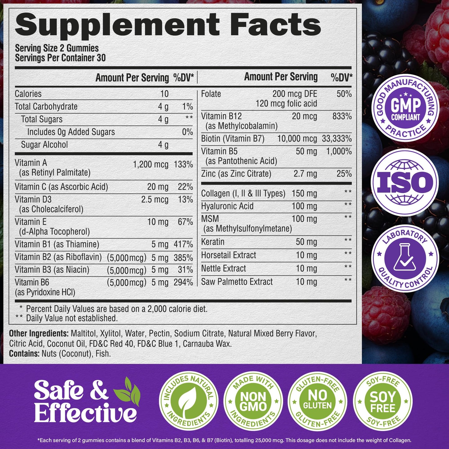 Biotin Gummies with Collagen - Hair Growth Support Skin, & Nail Strength - for Women & Men - Biotin 10000mcg | Keratin | Hyaluronic Acid | B-Complex | Saw Palmetto - Sugar-Free, Mixed Berry - 60 Gummy - Medaid International