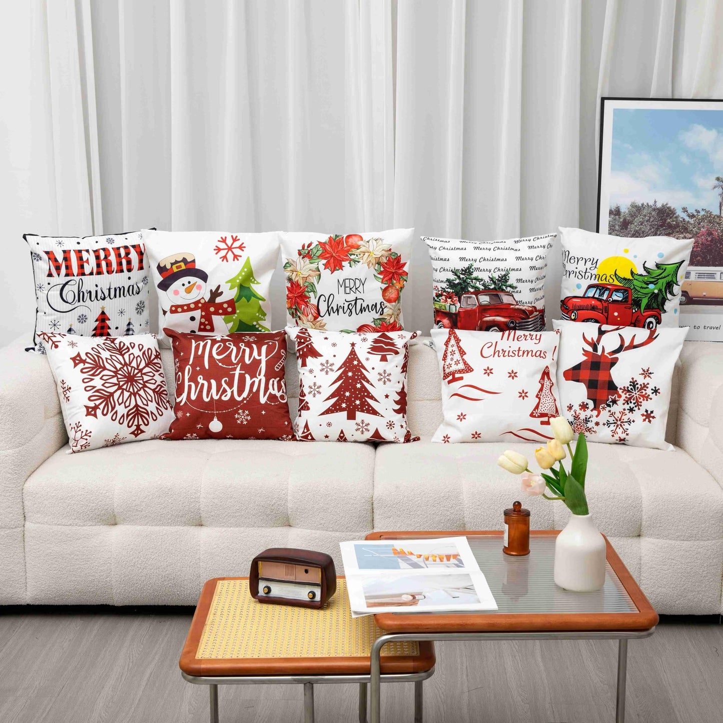 Christmas Snowman Pillow Cover Festive Winter Cushion Case with Tree and Snowflake for Sofa and Living Room - Medaid International