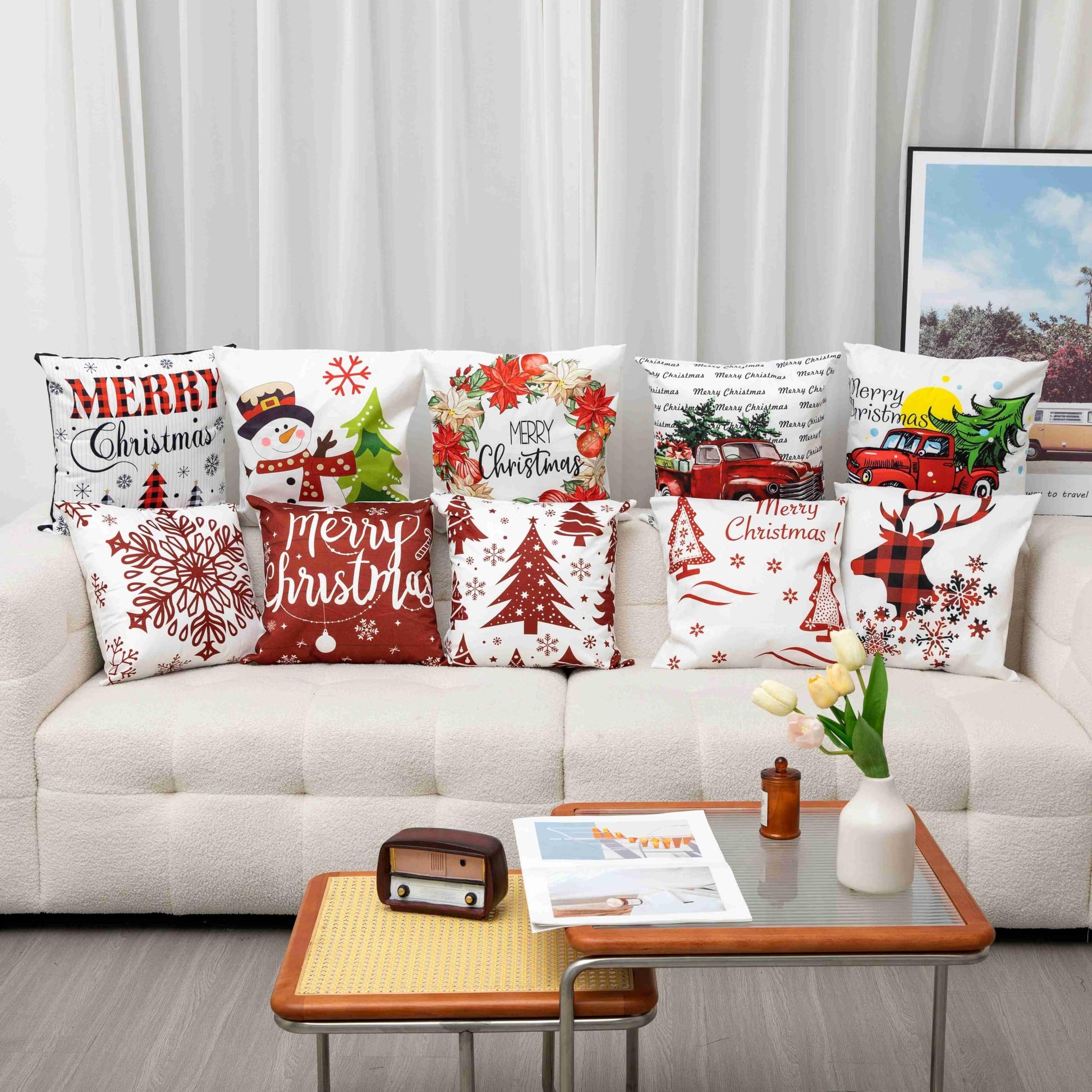 Christmas Snowman Pillow Cover Festive Winter Cushion Case with Tree and Snowflake for Sofa and Living Room - Medaid International
