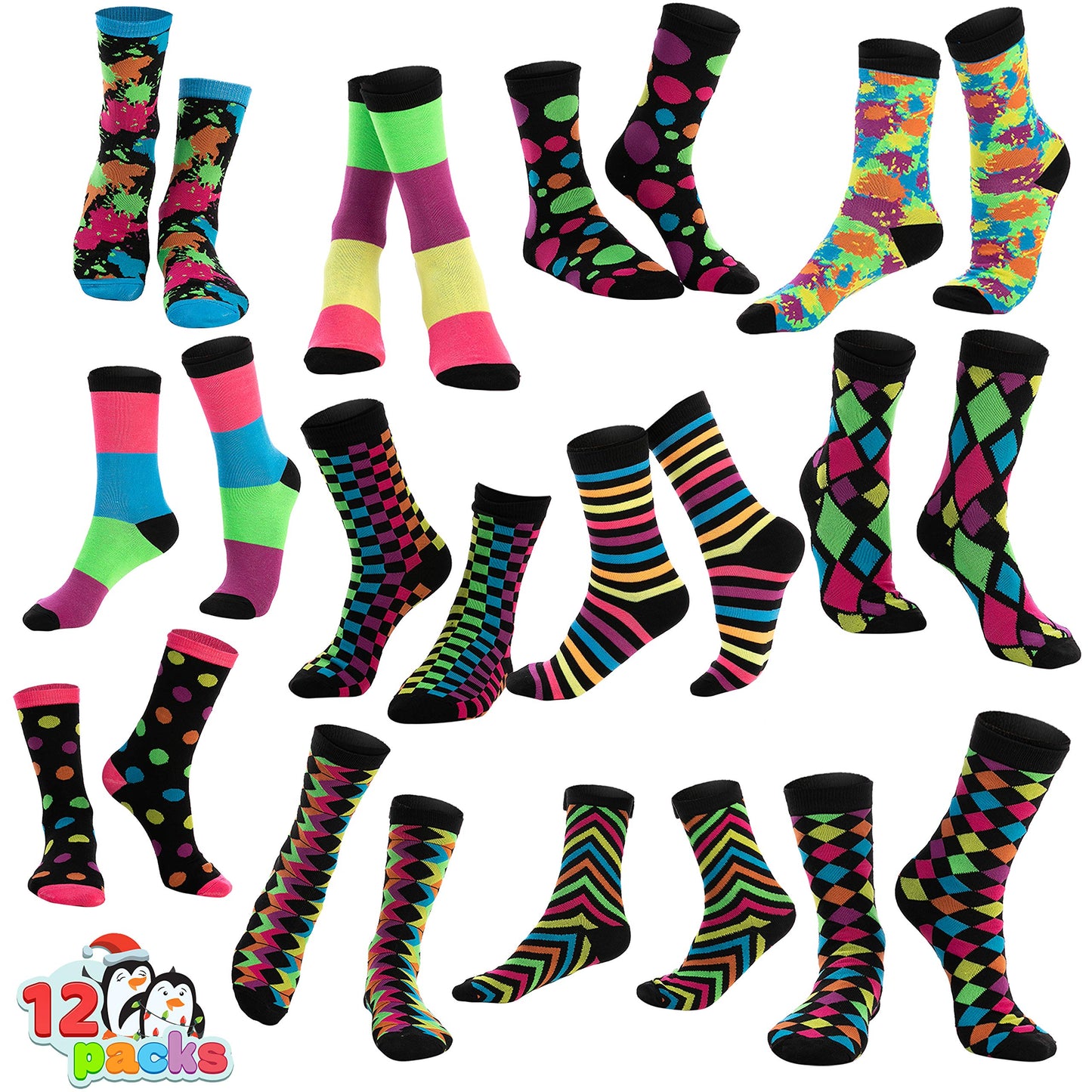 JOYIN 12 PCS Christmas Socks Women Colorful Funky Paint Splash Patterned Crew Socks for Christmas, Holiday or Birthday Gift - Medaid International