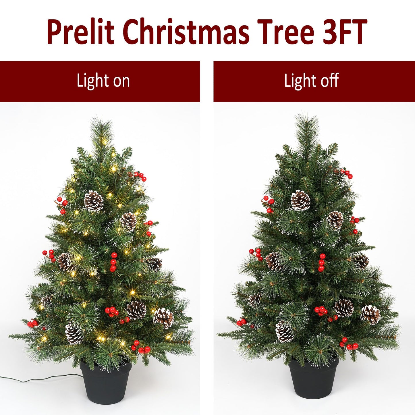 3Ft Pre-Lit Artificial Christmas Tree Tabletop with Battery Operated 70 Warm LED Red Berries Pine Cone Pine Needle, Greenery Potted Christmas Tree for Indoor, Porch, Outdoor - Medaid International