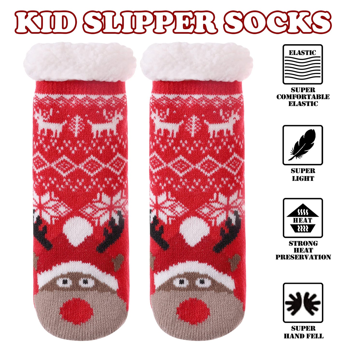 FNOVCO Kids Slipper Socks Boys Girls Fuzzy Soft Thick Cozy Warm Fleece lined Winter Indoor Christmas Socks (4-7 Years, Red Christmas Deer) - Medaid International