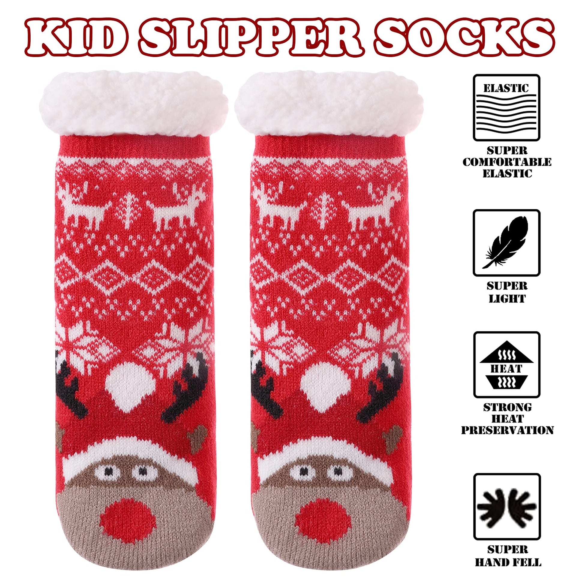 FNOVCO Kids Slipper Socks Boys Girls Fuzzy Soft Thick Cozy Warm Fleece lined Winter Indoor Christmas Socks (4-7 Years, Red Christmas Deer) - Medaid International
