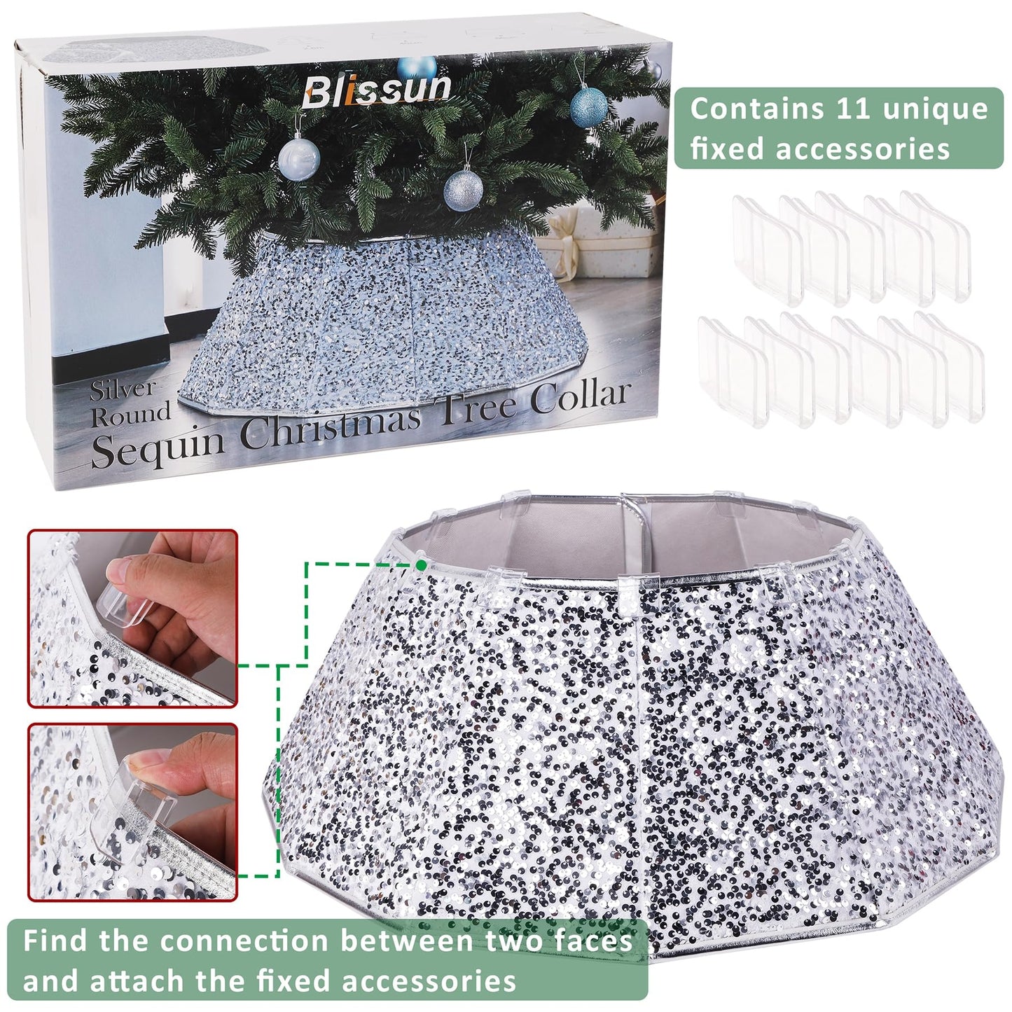 Blissun Christmas Tree Collar, Sequin Christmas Tree Skirt, Folable Christmas Tree Ring, Xmas Tree Stand Base Cover for Christmas Tree Decoration (Silver, Round) - Medaid International