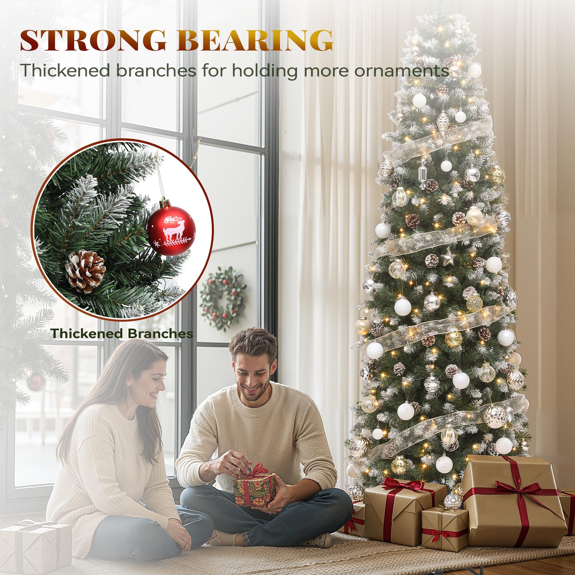 YITAHOME 6FT Pre-Decorated Pencil Christmas Tree w/Remote, Partially Flocked & Frosted Slim Prelit Artificial Hinged Xmas Tree w/ 618 Tips, 50 Pine Cones, 250 Warmwhite & Multi-Color Lights, 11 Modes - Medaid International