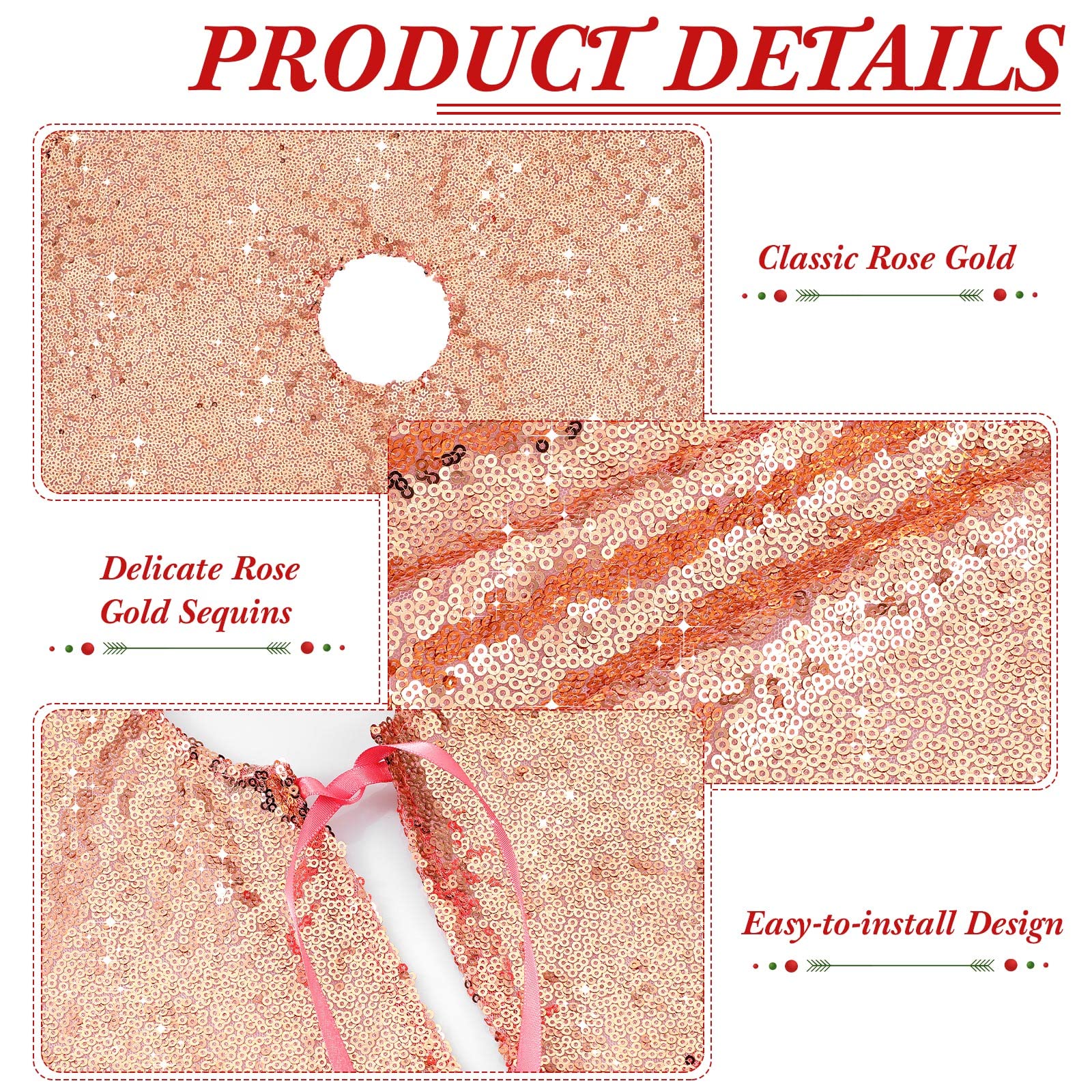 Rose Gold 15 Inch Mini Christmas Tree Skirt - Sequin, Slim, Small Tree Decoration for Hotel Holiday Bar - Medaid International