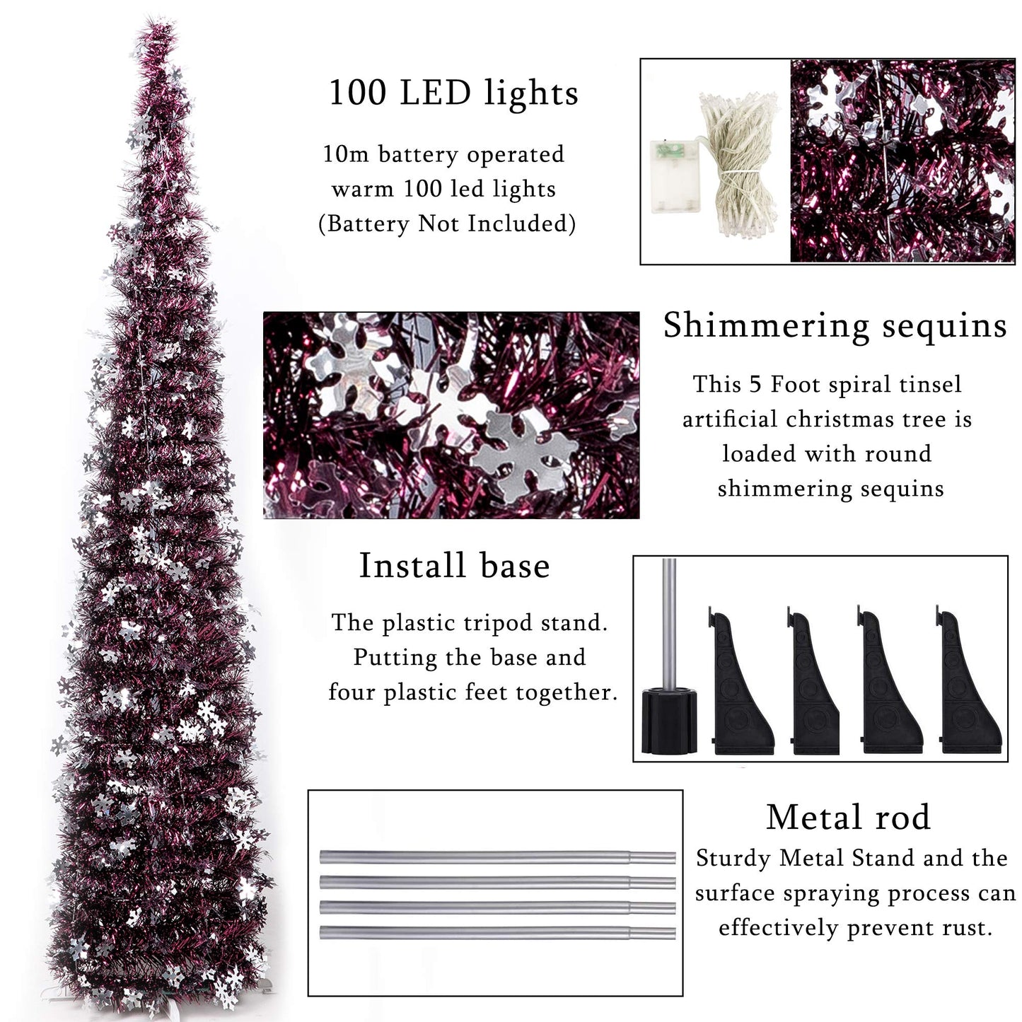 Pop-Up Artificial Christmas Tree with 100LED Lights,Collapsible Pencil Christmas Trees for Holiday Carnival Party Christmas Decorations (Red Wine) - Medaid International