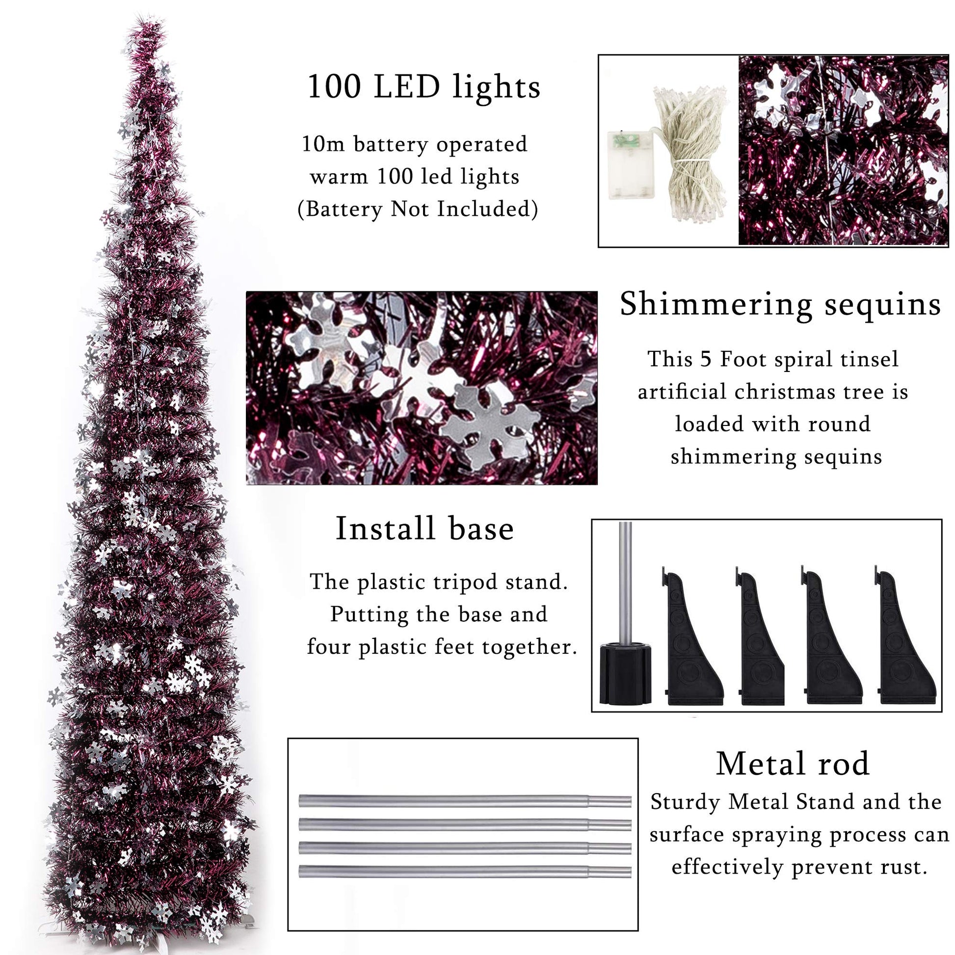 Pop-Up Artificial Christmas Tree with 100LED Lights,Collapsible Pencil Christmas Trees for Holiday Carnival Party Christmas Decorations (Red Wine) - Medaid International
