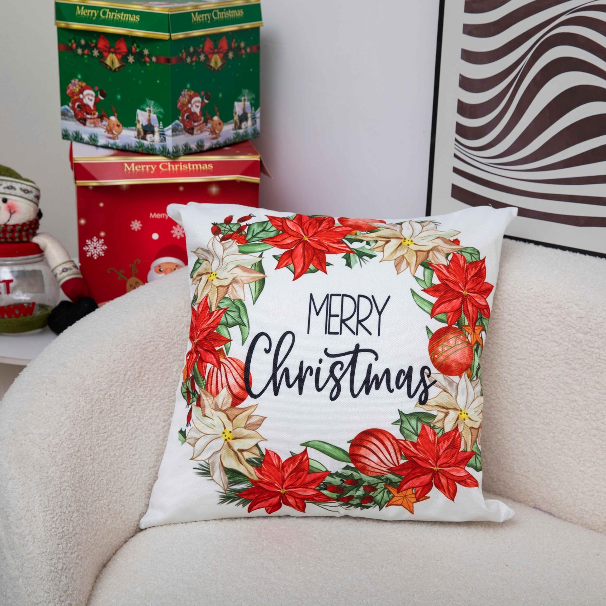 Christmas Pillow Cover Poinsettia Wreath Decorative Holiday Cushion Case for Sofa and Living Room Merry Christmas Throw Pillow Cover - Medaid International