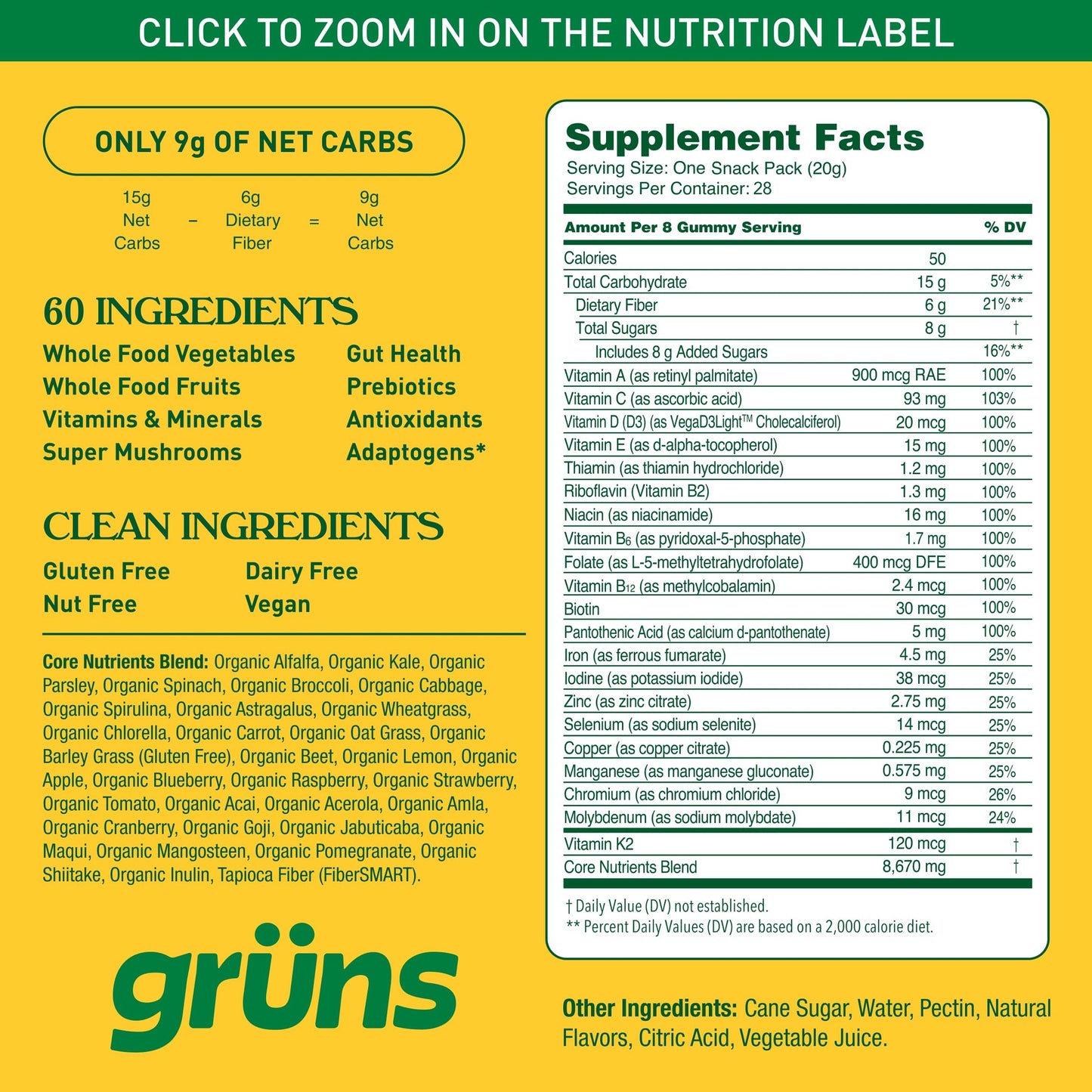 Gruns Adults Super Greens Gummies, Multivitamin Superfood Gummy Bears with Spirulina, Chlorella, Prebiotics & Fiber for Digestive Health, Adaptogens Supplement with 20 Vitamins & Minerals, 28 Count - Medaid International