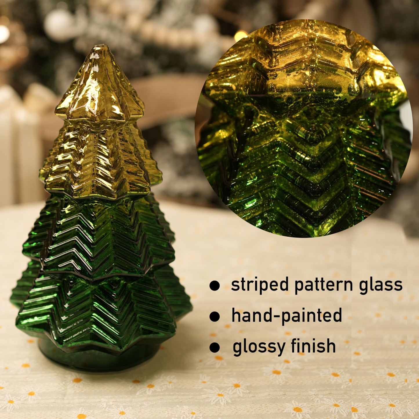 Green Mercury Glass Christmas Tree for Home Decor, Christmas Table Decorations Lighted Xmas Tree with Timer for Living Room Mantel Tabletop Party-8" H - Medaid International