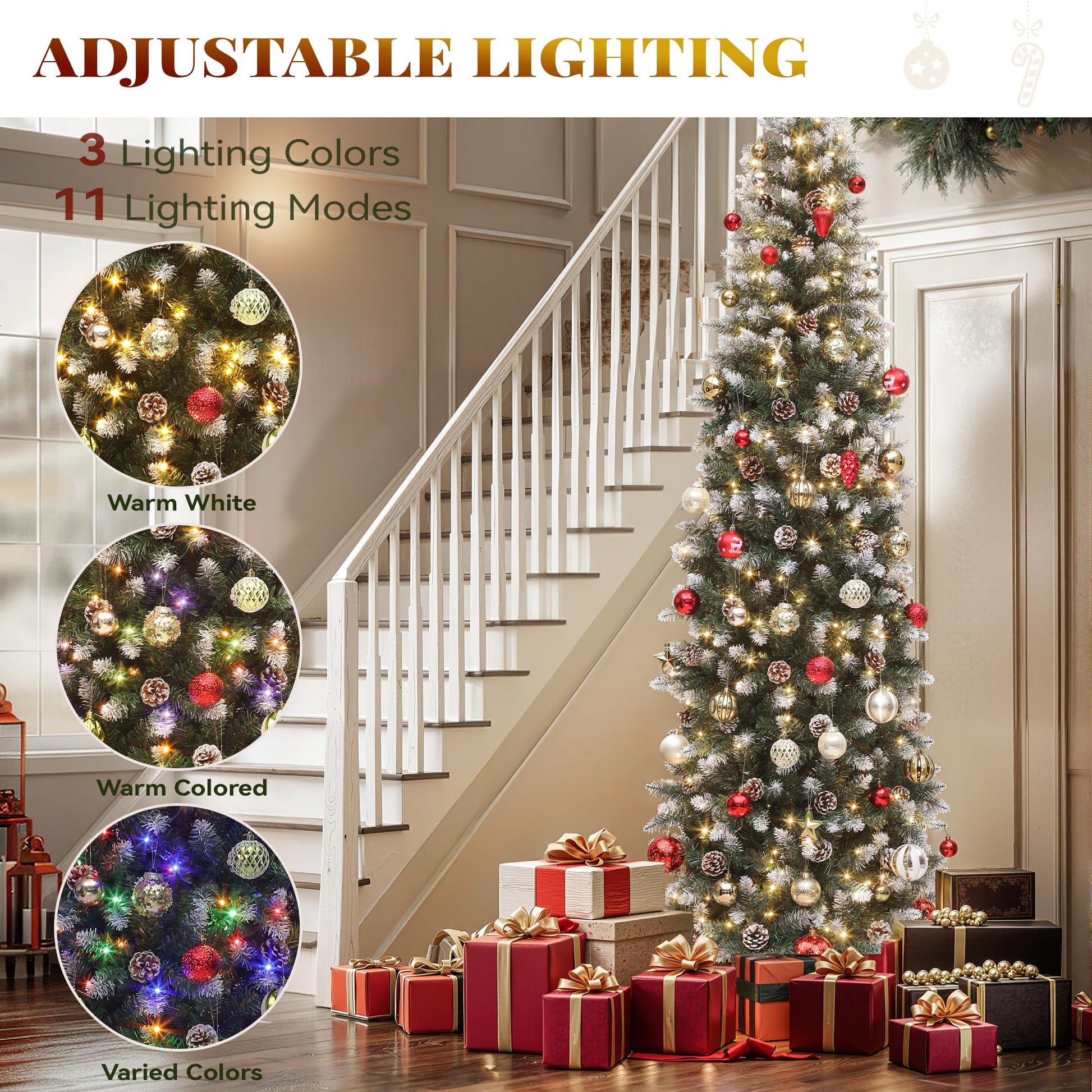 YITAHOME 6FT Pre-Decorated Pencil Christmas Tree w/Remote, Partially Flocked & Frosted Slim Prelit Artificial Hinged Xmas Tree w/ 618 Tips, 50 Pine Cones, 250 Warmwhite & Multi-Color Lights, 11 Modes - Medaid International