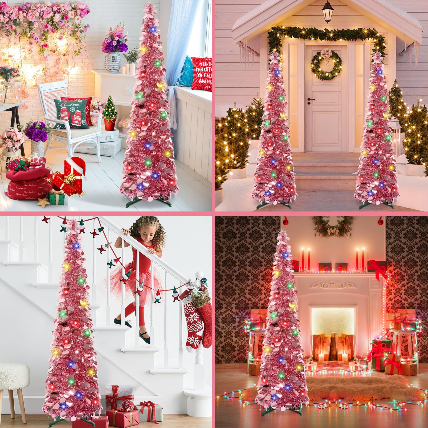 5Ft Pop Up Christmas Tree with Lights, Collapsible Pencil Tree Pink, Skinny Christmas Tree Slim Xmas Tree, Artificial Tinsel Tree Foldable for Home Apartment Holiday Party Winter Decor - Medaid International