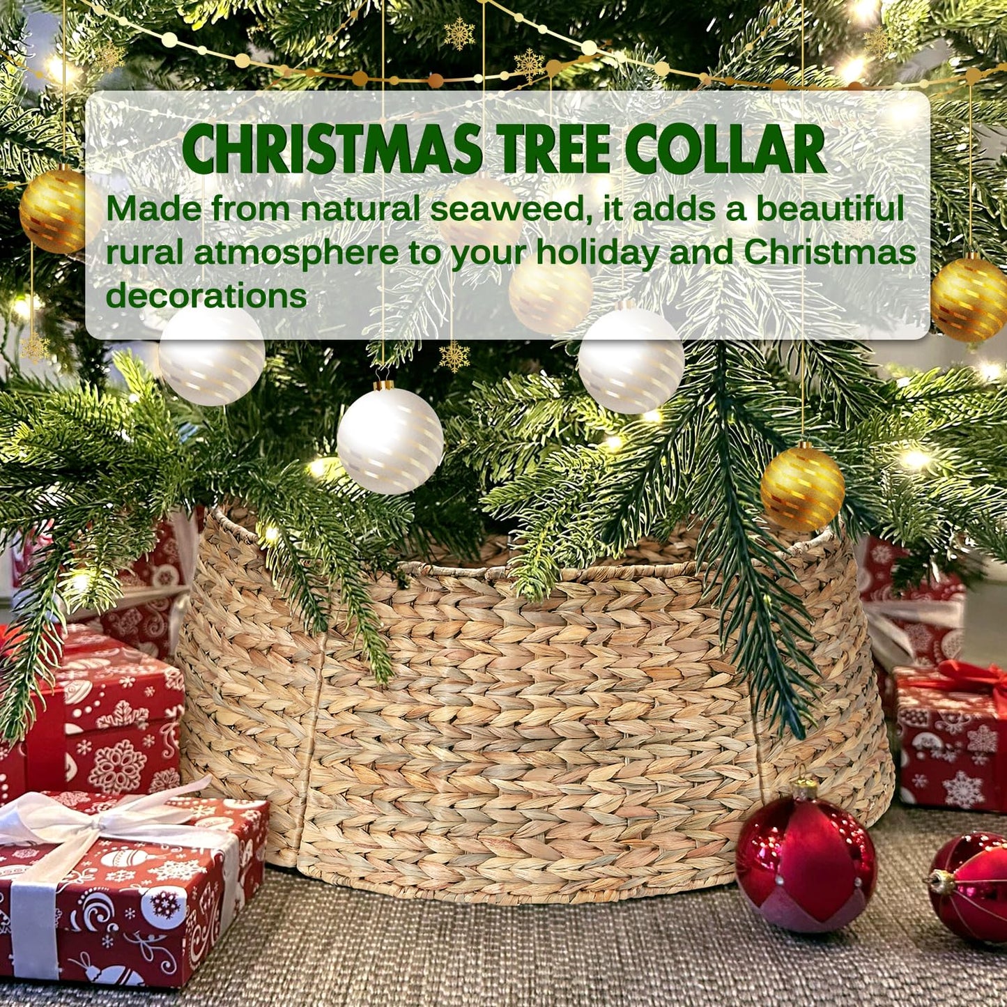 5-Piece Rattan Christmas Tree Collar - 26" Rustic Farmhouse Tree Skirt- Xmas Tree Base Cover for Christmas Decoration- Woven Holiday Tree Ring Accessory for Home, Living Room (Natural, 26 in) - Medaid International