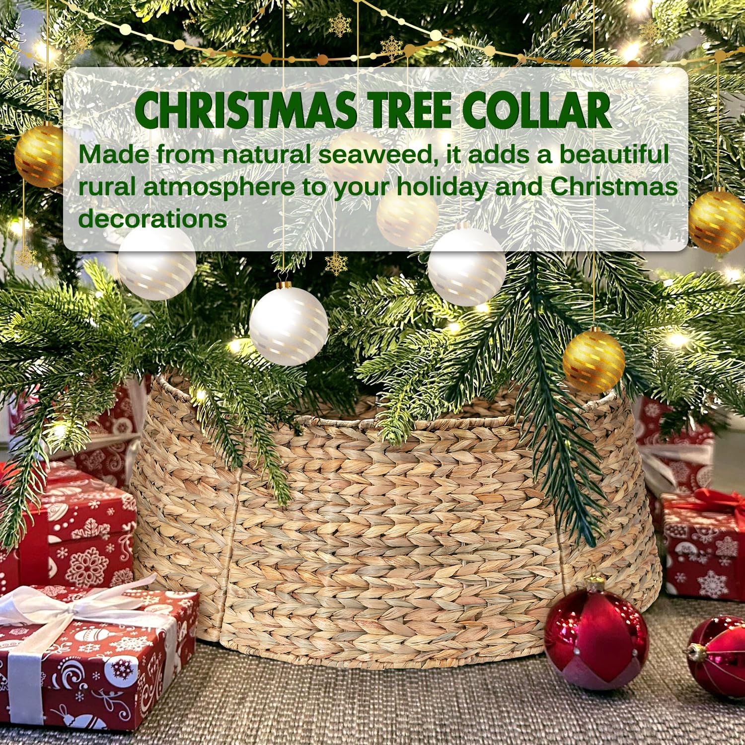 5-Piece Rattan Christmas Tree Collar - 26" Rustic Farmhouse Tree Skirt- Xmas Tree Base Cover for Christmas Decoration- Woven Holiday Tree Ring Accessory for Home, Living Room (Natural, 26 in) - Medaid International