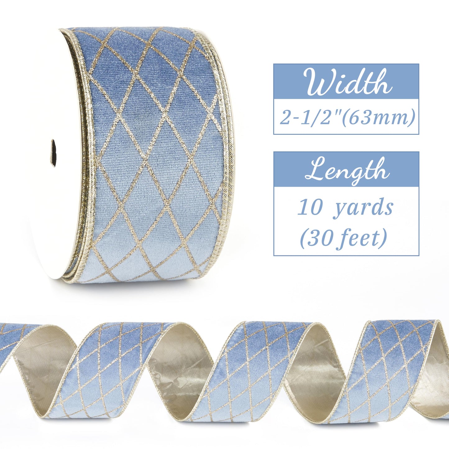 MAYREEL 2.5 Inch Dusty Blue and Gold Velvet Wired Ribbon Metallic Diamond Glitter Grid for Christmas Gift Wrapping Floral Craft Bows Wreaths Garland Holiday Decor 10 Yards - Medaid International