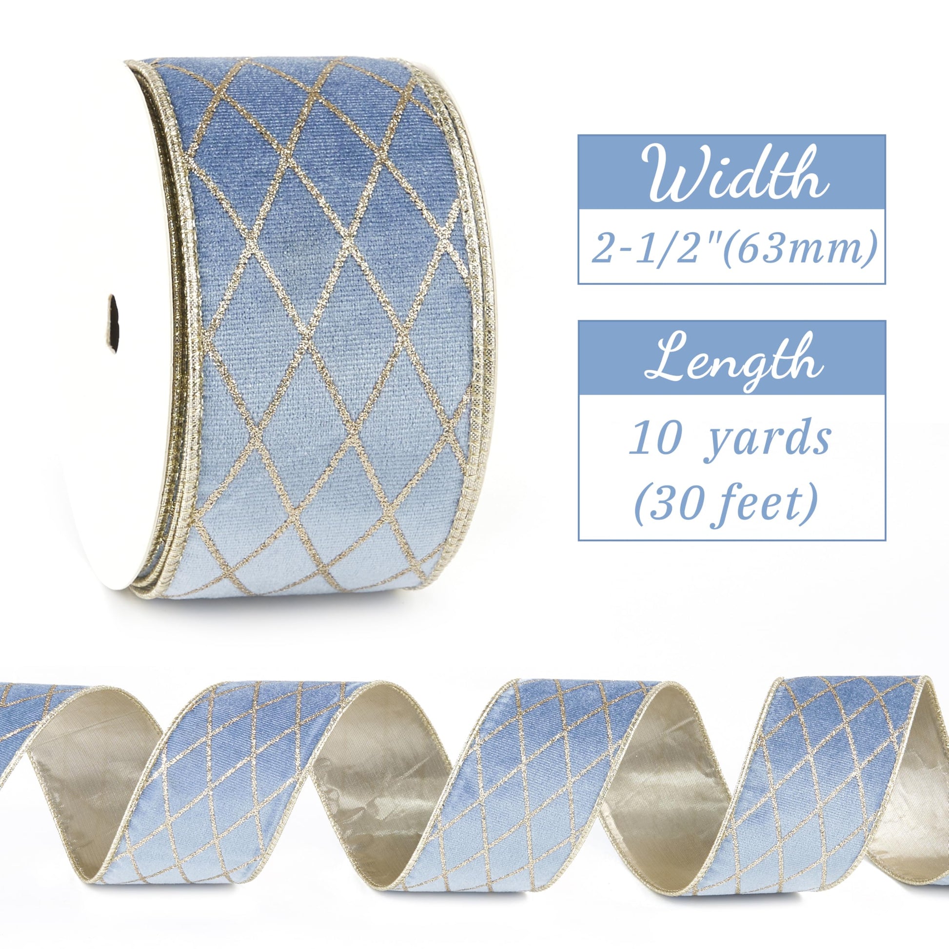 MAYREEL 2.5 Inch Dusty Blue and Gold Velvet Wired Ribbon Metallic Diamond Glitter Grid for Christmas Gift Wrapping Floral Craft Bows Wreaths Garland Holiday Decor 10 Yards - Medaid International