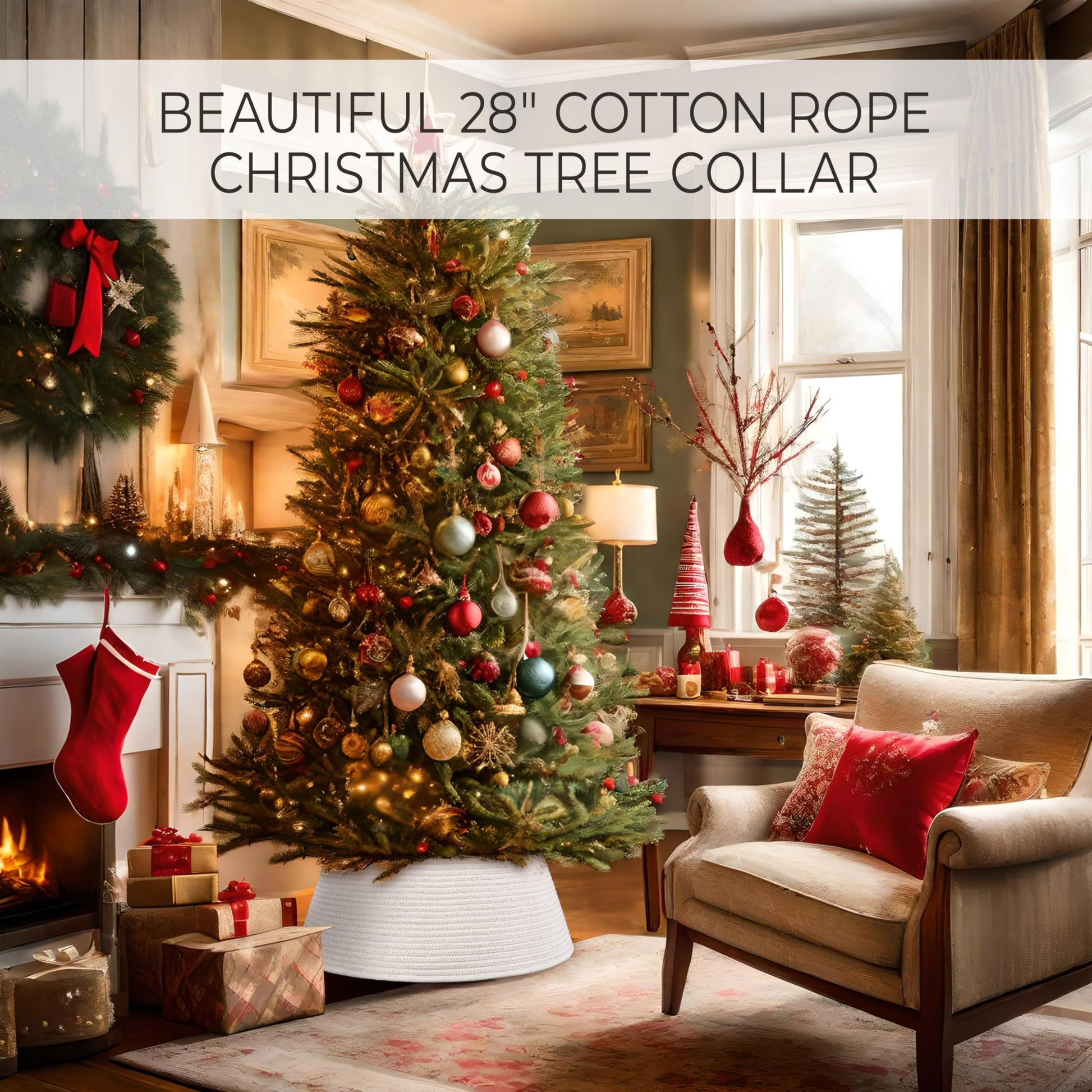 Beautiful Christmas Tree Collar - Modern 28" Cotton Rope Tree Ring - Easy to Set Up Christmas Skirt Enhances Your Holiday Home Decor - Medaid International