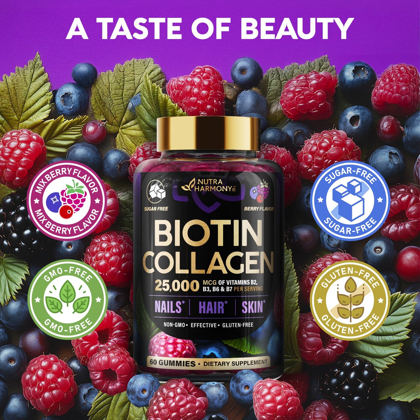Biotin Gummies with Collagen - Hair Growth Support Skin, & Nail Strength - for Women & Men - Biotin 10000mcg | Keratin | Hyaluronic Acid | B-Complex | Saw Palmetto - Sugar-Free, Mixed Berry - 60 Gummy - Medaid International