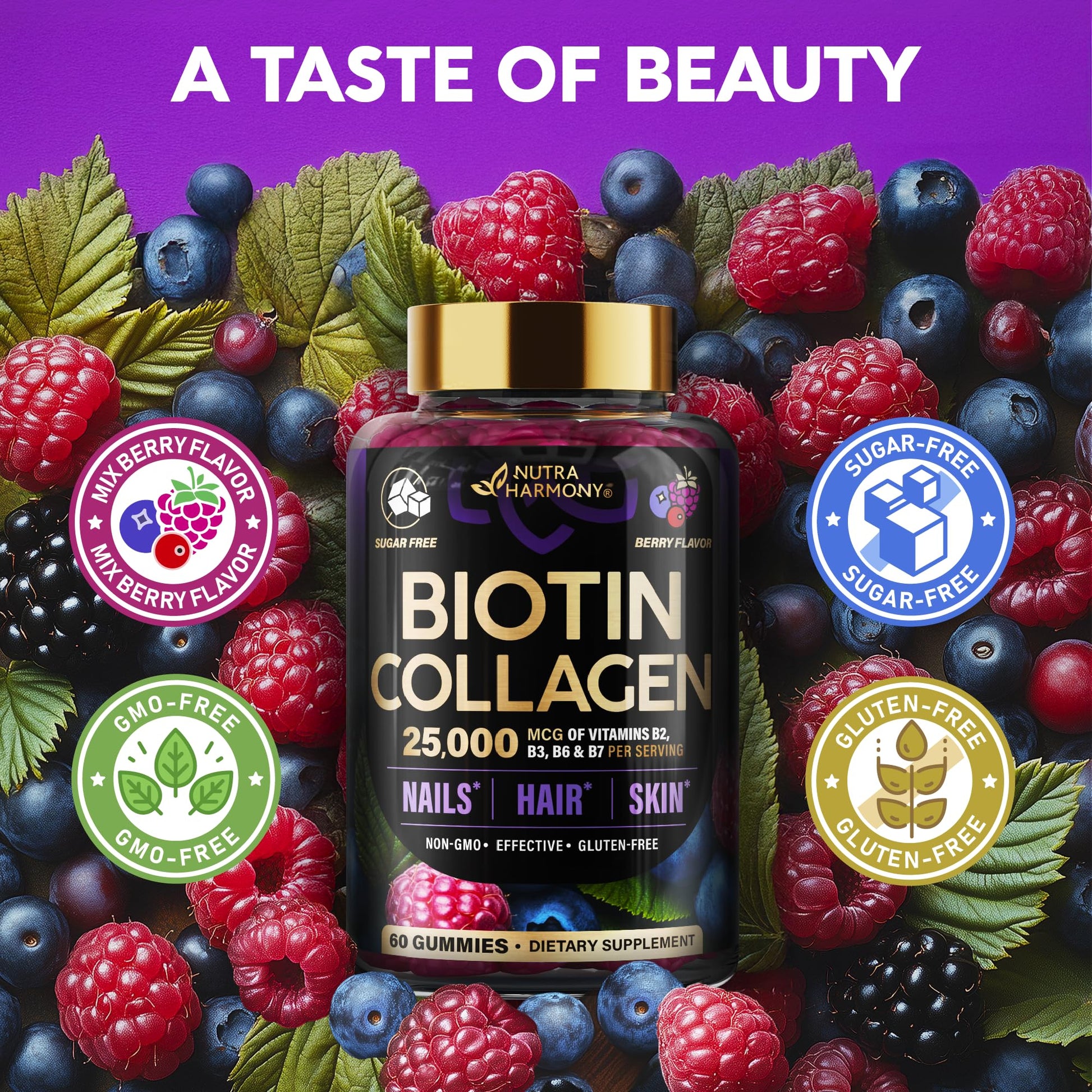 Biotin Gummies with Collagen - Hair Growth Support Skin, & Nail Strength - for Women & Men - Biotin 10000mcg | Keratin | Hyaluronic Acid | B-Complex | Saw Palmetto - Sugar-Free, Mixed Berry - 60 Gummy - Medaid International