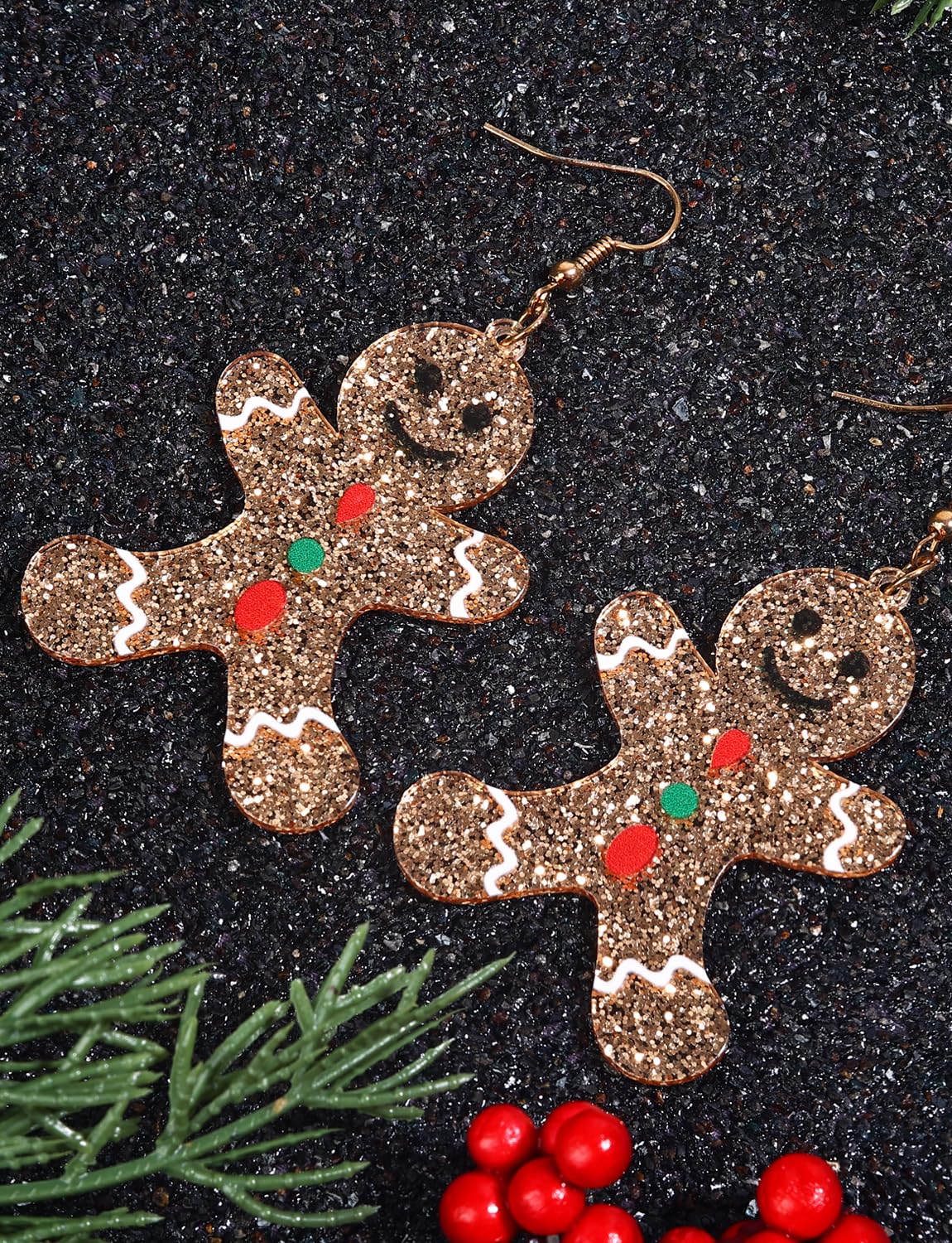 Christmas Gingerbread Man Glitter Gold Acrylic Earrings Charm Dangle Drop Earrings Resin Fashion Statement Holiday Xmas Party Dress Outfits Decor for Women - Medaid International