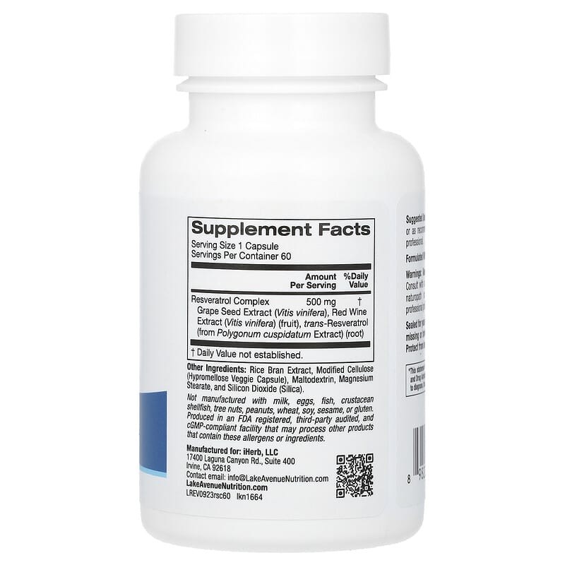 Lake Avenue Nutrition, Resveratrol, 500 mg, 60 Veggie Capsules - Medaid International