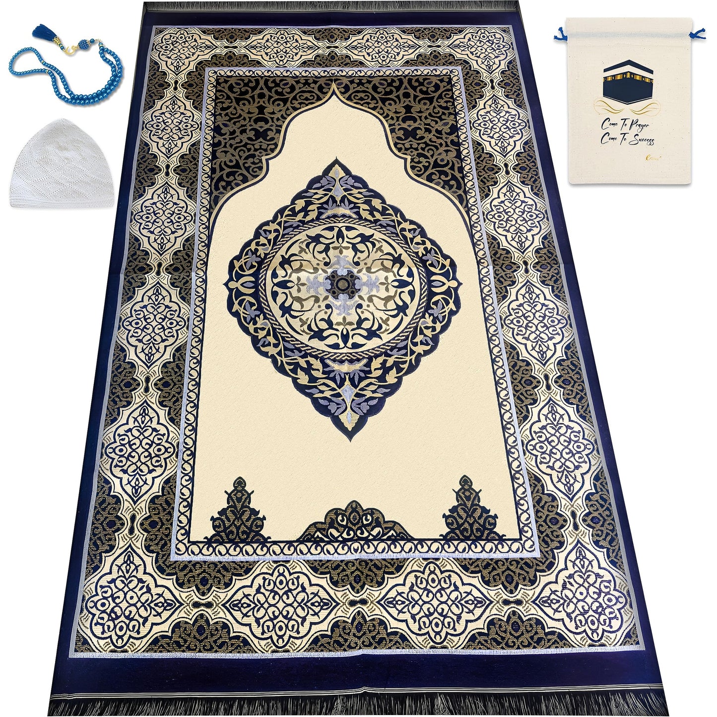 ESERRA Muslim Prayer Rug, 99 Prayer Beads and Prayer Cap Included, Prayer Mats Muslim for Praying Men, Women, and Kids, Prayer Set, Prayer Rugs Islam (Blue) - Medaid International