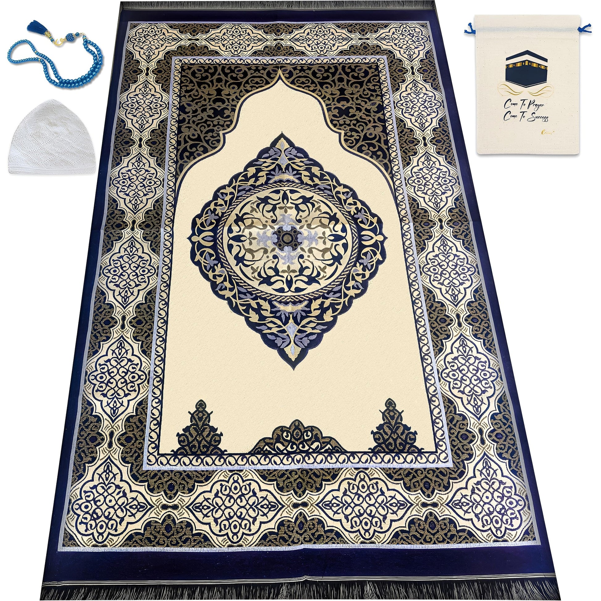 ESERRA Muslim Prayer Rug, 99 Prayer Beads and Prayer Cap Included, Prayer Mats Muslim for Praying Men, Women, and Kids, Prayer Set, Prayer Rugs Islam (Blue) - Medaid International