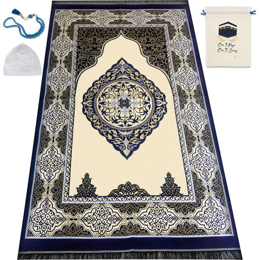 ESERRA Muslim Prayer Rug, 99 Prayer Beads and Prayer Cap Included, Prayer Mats Muslim for Praying Men, Women, and Kids, Prayer Set, Prayer Rugs Islam (Blue) - Medaid International