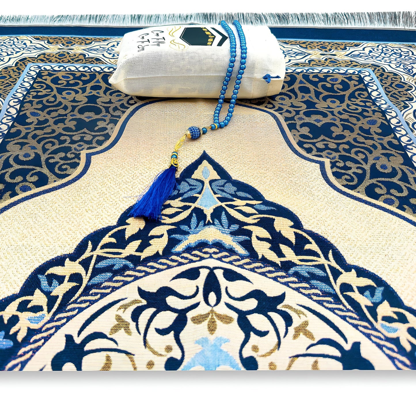 ESERRA Muslim Prayer Rug, 99 Prayer Beads and Prayer Cap Included, Prayer Mats Muslim for Praying Men, Women, and Kids, Prayer Set, Prayer Rugs Islam (Blue) - Medaid International