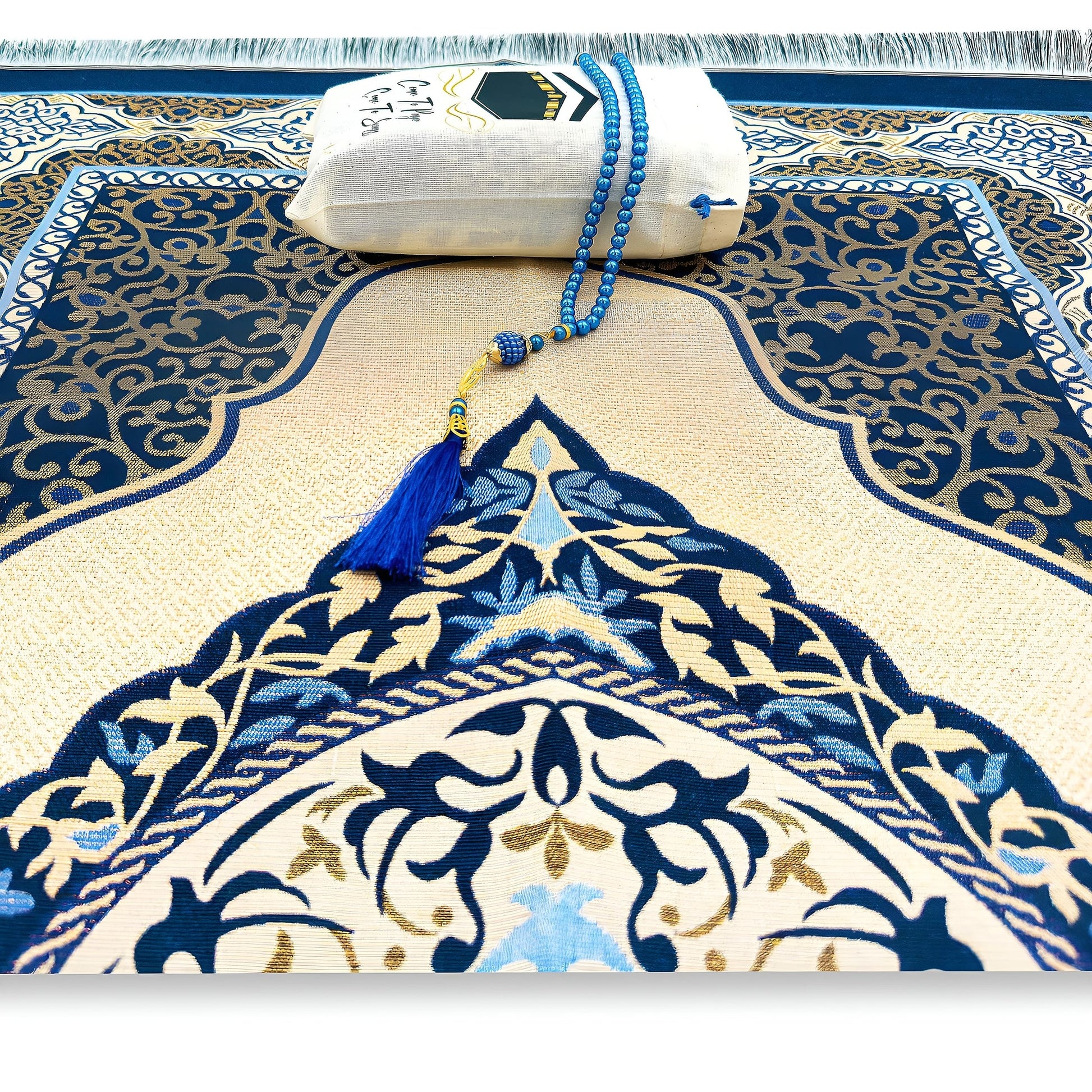 ESERRA Muslim Prayer Rug, 99 Prayer Beads and Prayer Cap Included, Prayer Mats Muslim for Praying Men, Women, and Kids, Prayer Set, Prayer Rugs Islam (Blue) - Medaid International