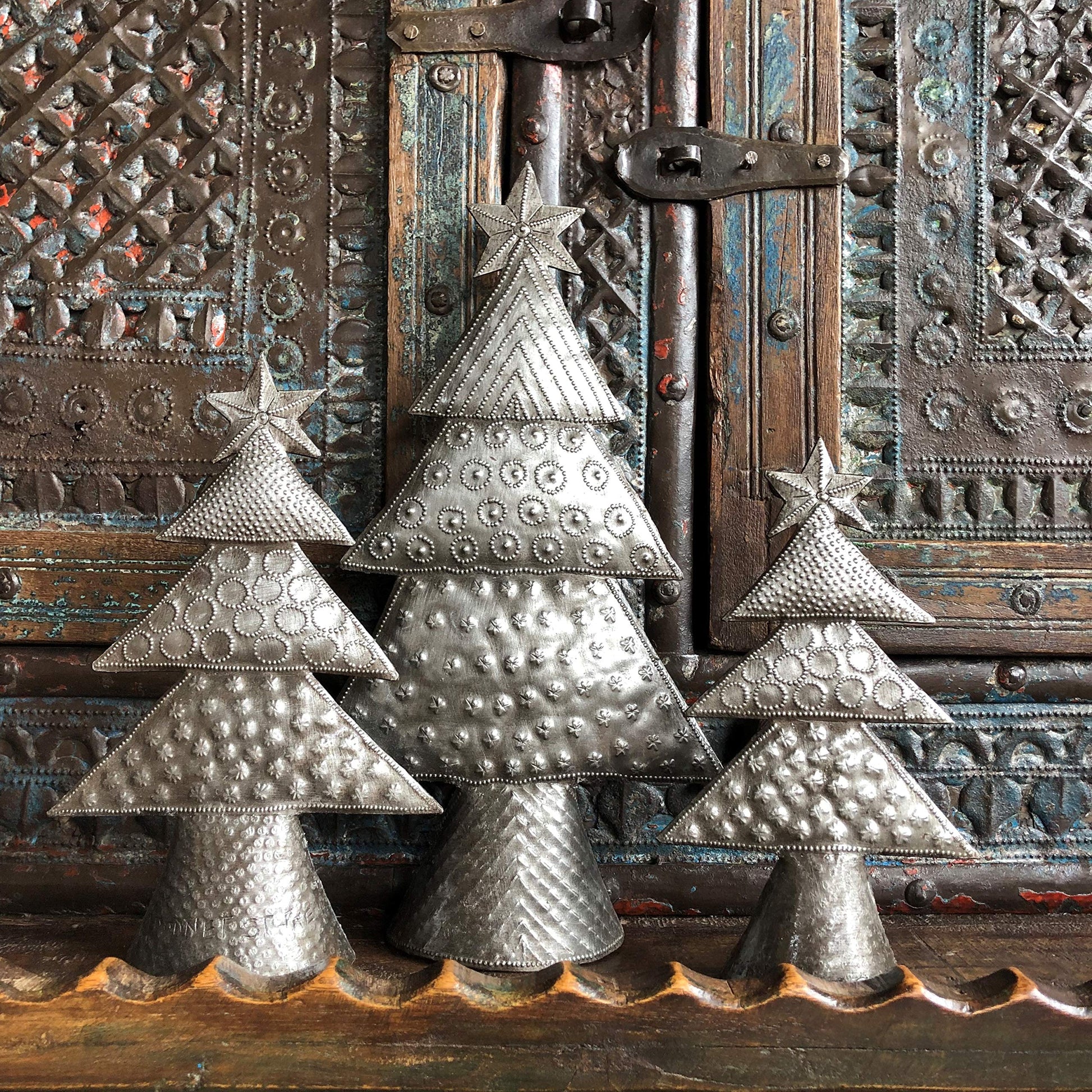 Metal Christmas Trees Set of 3 Handmade Holiday Tabletop Décor Rustic Farmhouse Christmas Home Décor Ideas Tallest 11 Inches Gift Giving Handmade Haitian Art - Medaid International