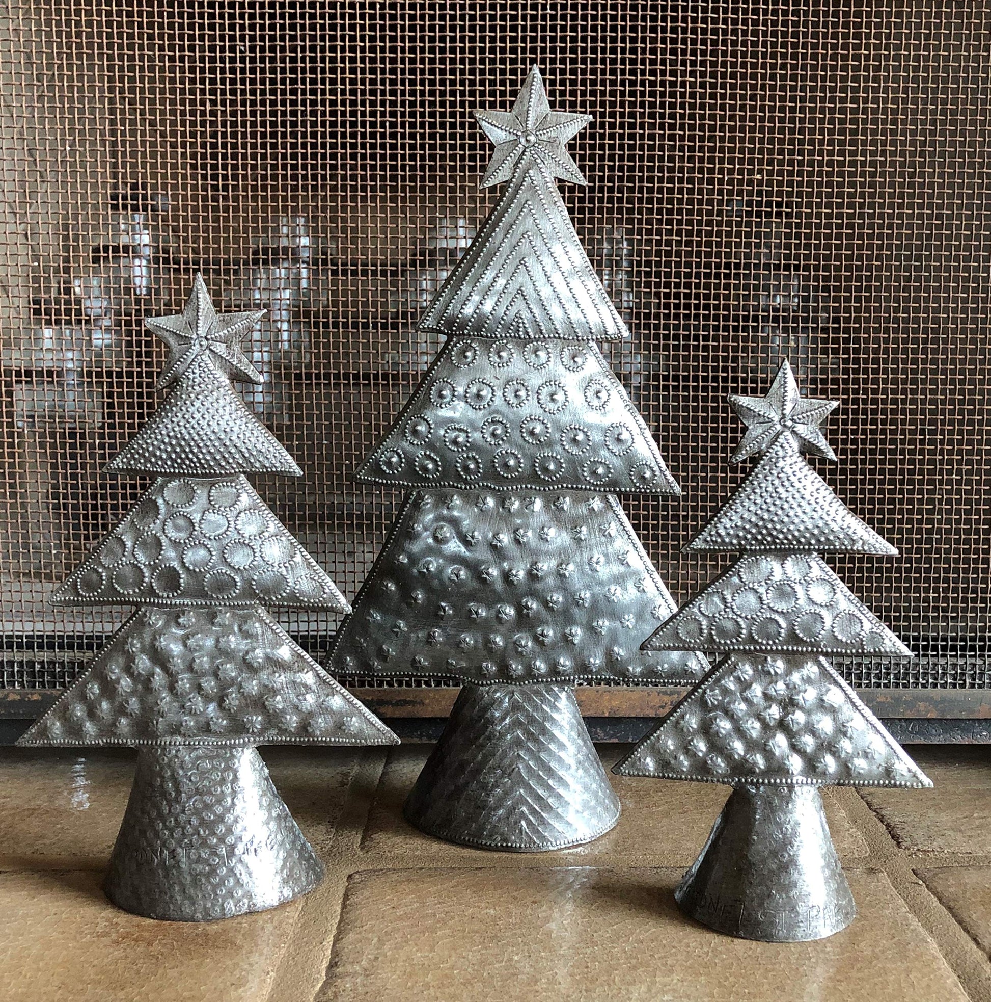 Metal Christmas Trees Set of 3 Handmade Holiday Tabletop Décor Rustic Farmhouse Christmas Home Décor Ideas Tallest 11 Inches Gift Giving Handmade Haitian Art - Medaid International