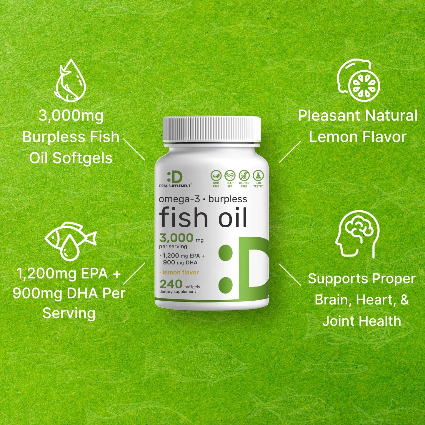 DEAL SUPPLEMENT Omega 3 Fish Oil Supplements, 3,000mg Per Serving, 240 Softgels – EPA 1,200mg + DHA 900mg – Burpless Pills, Lemon Flavored, Wild Caught – Brain & Heart Support – Mercury Free, Non-GMO - Medaid International