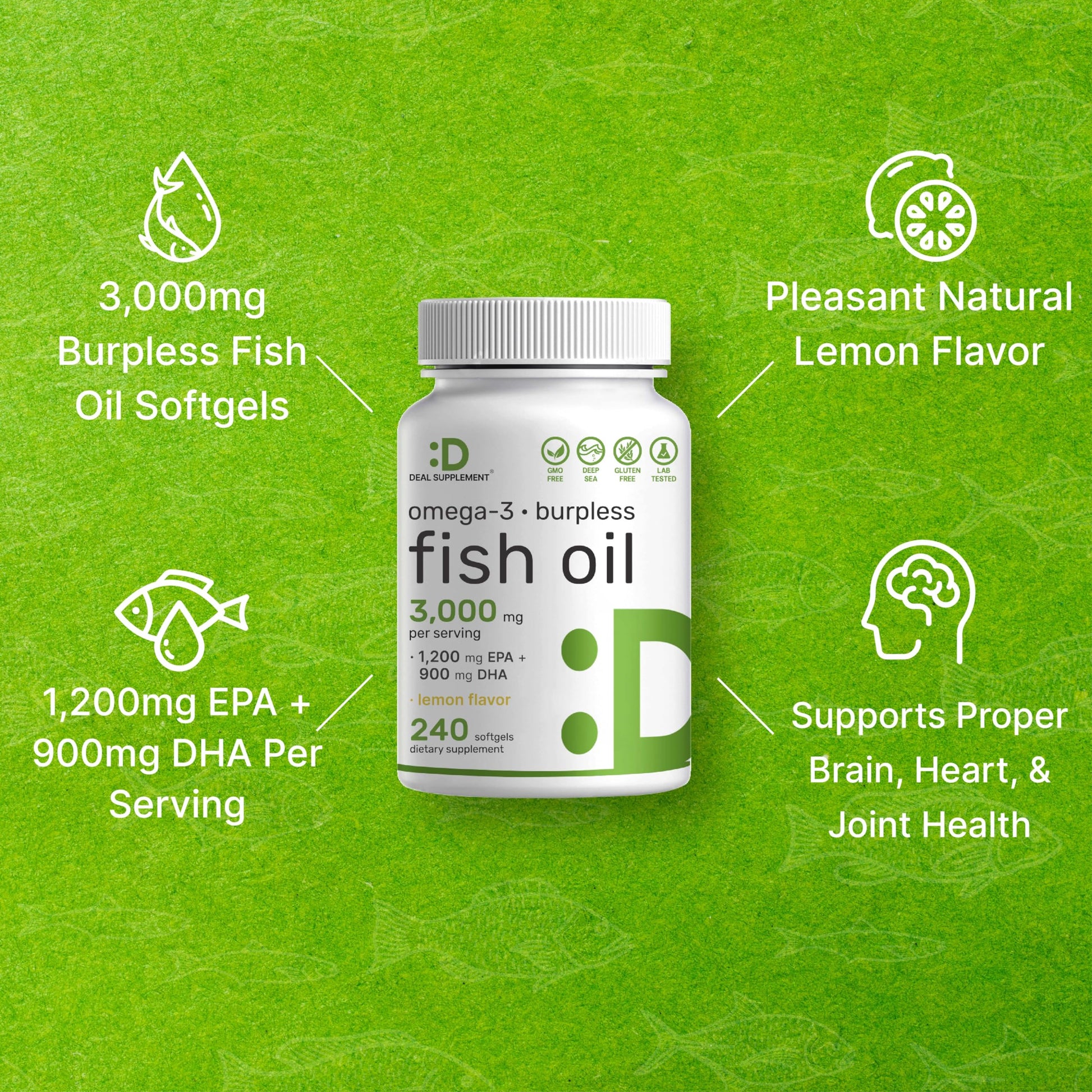 DEAL SUPPLEMENT Omega 3 Fish Oil Supplements, 3,000mg Per Serving, 240 Softgels – EPA 1,200mg + DHA 900mg – Burpless Pills, Lemon Flavored, Wild Caught – Brain & Heart Support – Mercury Free, Non-GMO - Medaid International