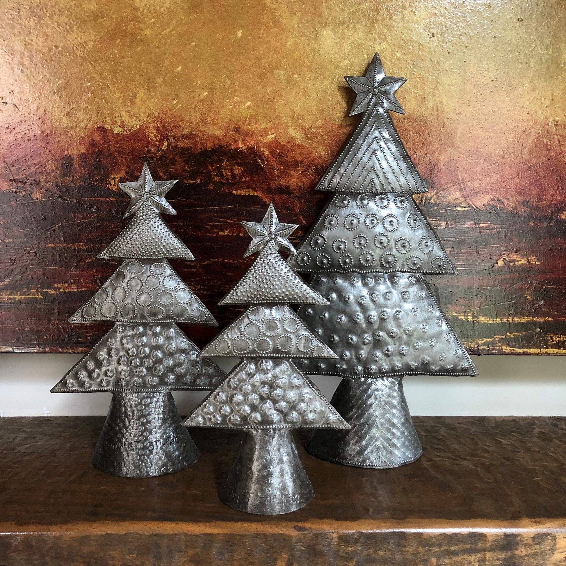 Metal Christmas Trees Set of 3 Handmade Holiday Tabletop Décor Rustic Farmhouse Christmas Home Décor Ideas Tallest 11 Inches Gift Giving Handmade Haitian Art - Medaid International