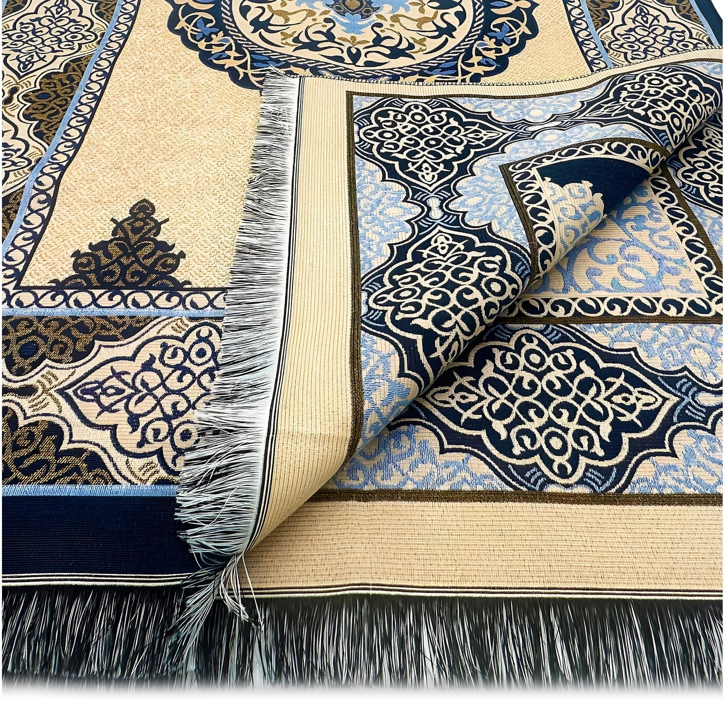 ESERRA Muslim Prayer Rug, 99 Prayer Beads and Prayer Cap Included, Prayer Mats Muslim for Praying Men, Women, and Kids, Prayer Set, Prayer Rugs Islam (Blue) - Medaid International