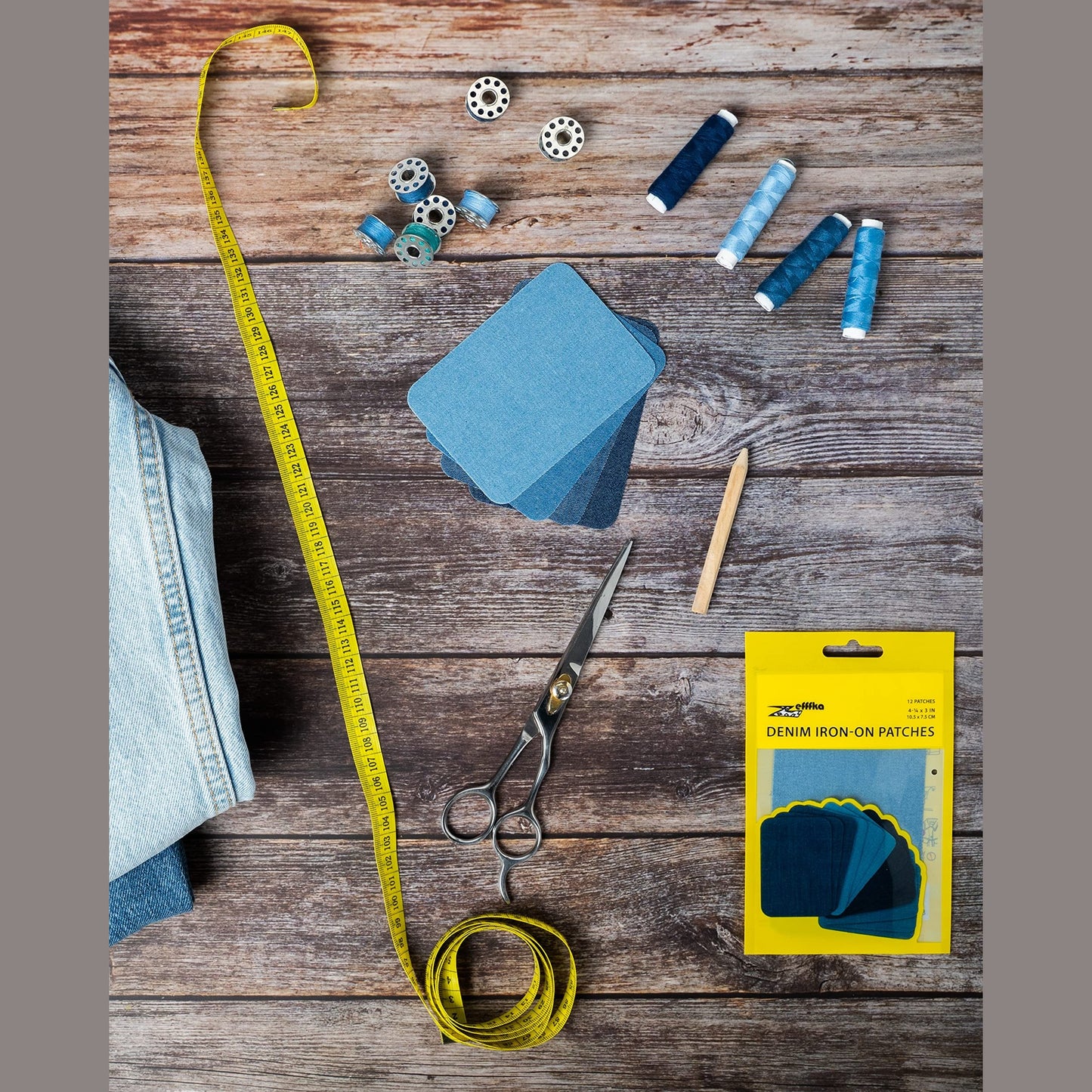 ZEFFFKA Denim Iron-on Patches Inside & Outside Strongest Glue 100% Cotton Black and White Repair Decorating Kit 12 Pieces Shades of Blue Size 3" by 4-1/4" (7.5 cm x 10.5 cm) - Medaid International