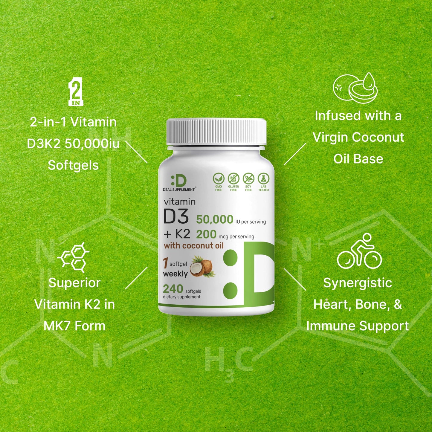 DEAL SUPPLEMENT Vitamin D3 50,000 IU + K2 MK7 200mcg Softgels, 240 Count | 2-in-1 Complex with Virgin Coconut Oil | Supports Heart, Bone, Teeth & Immune Health | Easy to Swallow - Medaid International