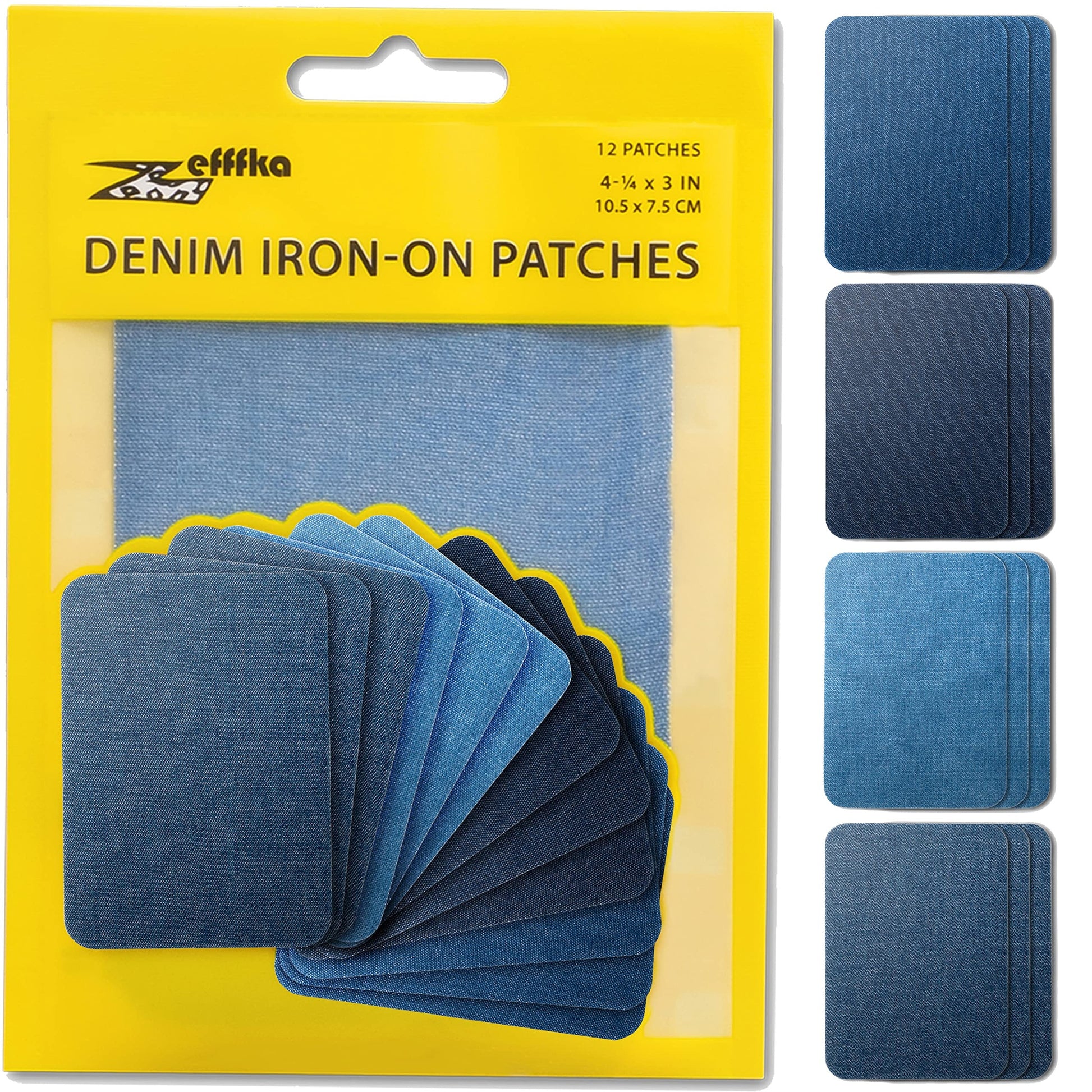 ZEFFFKA Denim Iron-on Patches Inside & Outside Strongest Glue 100% Cotton Black and White Repair Decorating Kit 12 Pieces Shades of Blue Size 3" by 4-1/4" (7.5 cm x 10.5 cm) - Medaid International