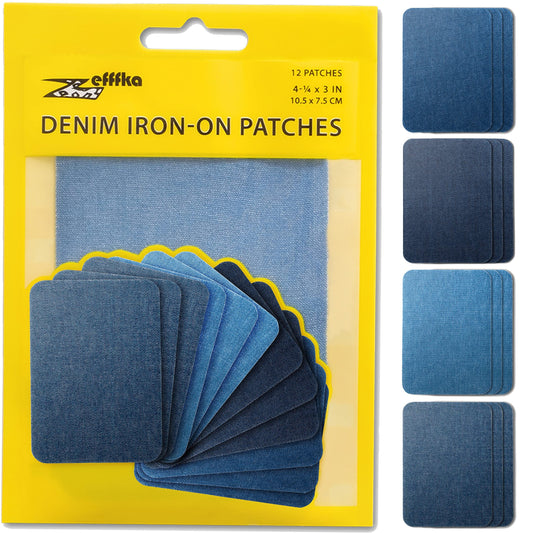 ZEFFFKA Denim Iron-on Patches Inside & Outside Strongest Glue 100% Cotton Black and White Repair Decorating Kit 12 Pieces Shades of Blue Size 3" by 4-1/4" (7.5 cm x 10.5 cm) - Medaid International